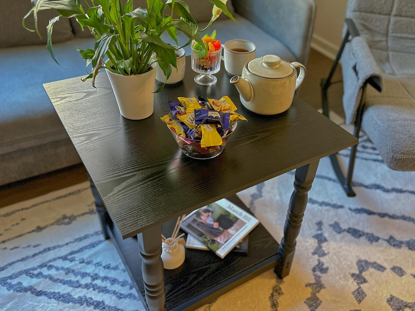 DWVO Farmhouse Square Coffee Table Set of 2, Antique Accent Side Table with Floor Shelf, 23.6"x 23.6" Living Room Furniture, Black