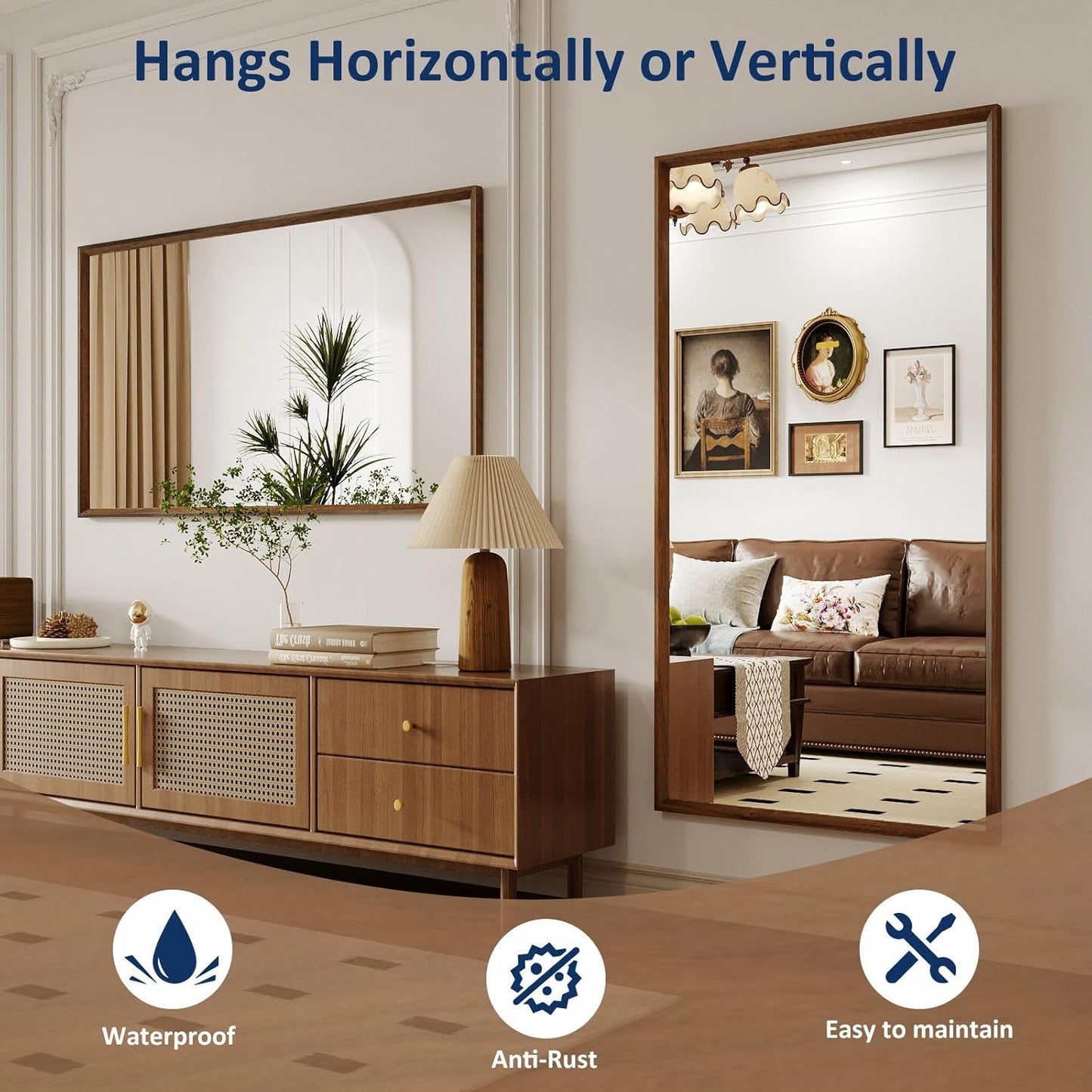 WEER 60X36 Inch Framed Bathroom Mirror, Walnut Rectangular Framed Mirror, Large Wall Mounted Vanity Mirror, Wood Grain Farmhouse Mirror, Tempered Glass, Anti-Rust, Horizontal or Vertical