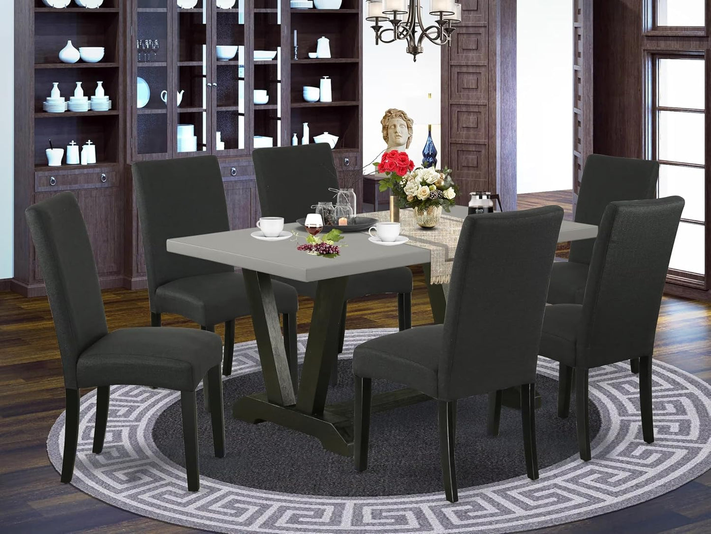 East West Furniture V696DR124-7 7 Piece Dining Table Set Consist of a Rectangle Dining Room Table with V-Legs and 6 Black Color Linen Fabric Upholstered Chairs, 36x60 Inch, Multi-Color
