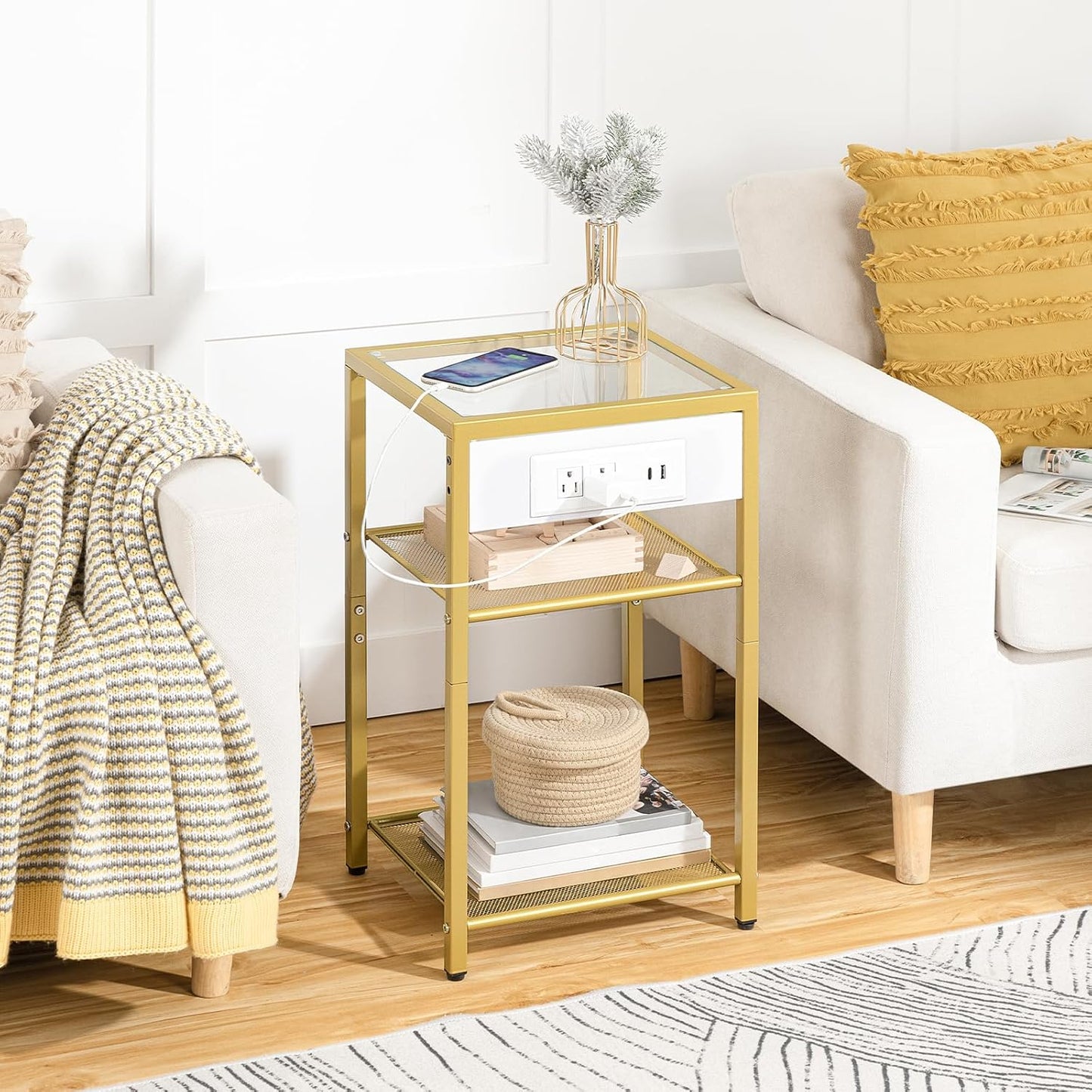 HOOBRO End Table with Charging Station, Side Table with USB Port & Power Outlets, 3-Tier Slim Nightstand with Storage Shelves, Tempered Glass, for Living Room, Bedroom, Gold GD77UBZ01