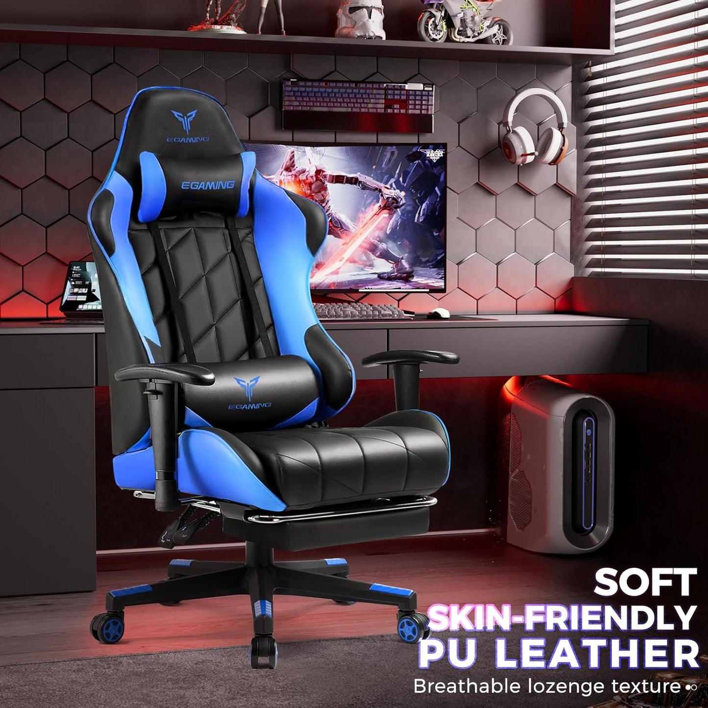 Gaming Chair with 3D Adjustable Armrests, Cow Print Design, Ergonomic Office Chair with High Back, Computer Chair with Footrest,Comfy Diamond Stitching Sest, Game Chair for Adults