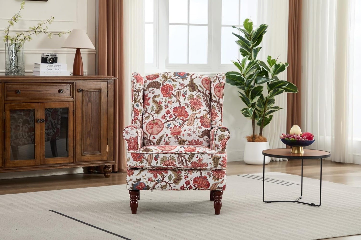 Ball & Cast Modern Accent Chair,Comfy Upholstered Armchair with Retro Wood Legs,Floral Design Single Sofa Chair,Living Room Furniture for Apartment,Bedroom,Office,Linen Fabric,Floral Red