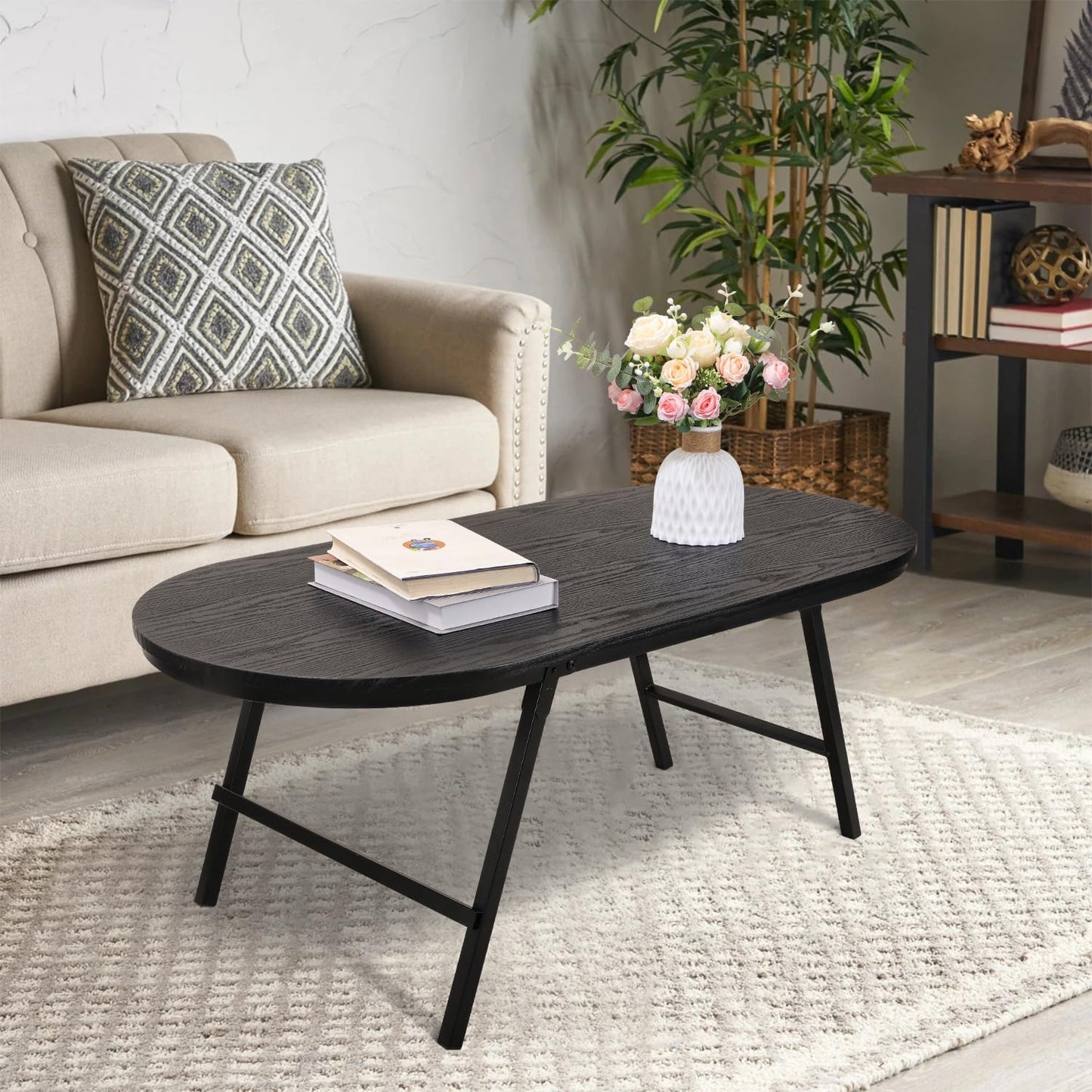 Black Small Coffee Table Wooden Oval Folding Low Coffee Tables with Metal Legs Portable Floor Table Desk for Living Room Small Spaces Apartment Oudoor Use