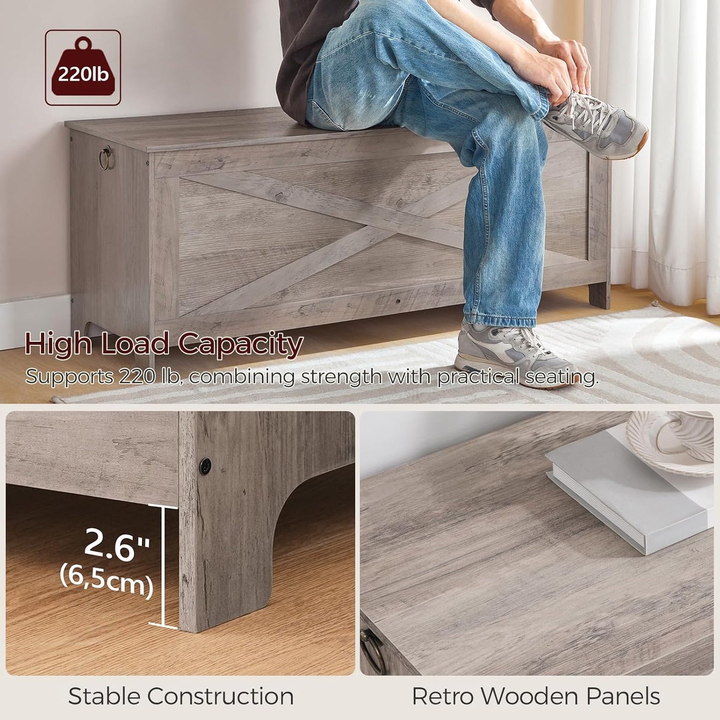 47.2" Toy Chest, Sturdy Entryway Storage Chest with Safety Hinges, Retro Toy Box, Wooden Look Accent Furniture for Living Room, Bedroom, Greige SCGY48801N1