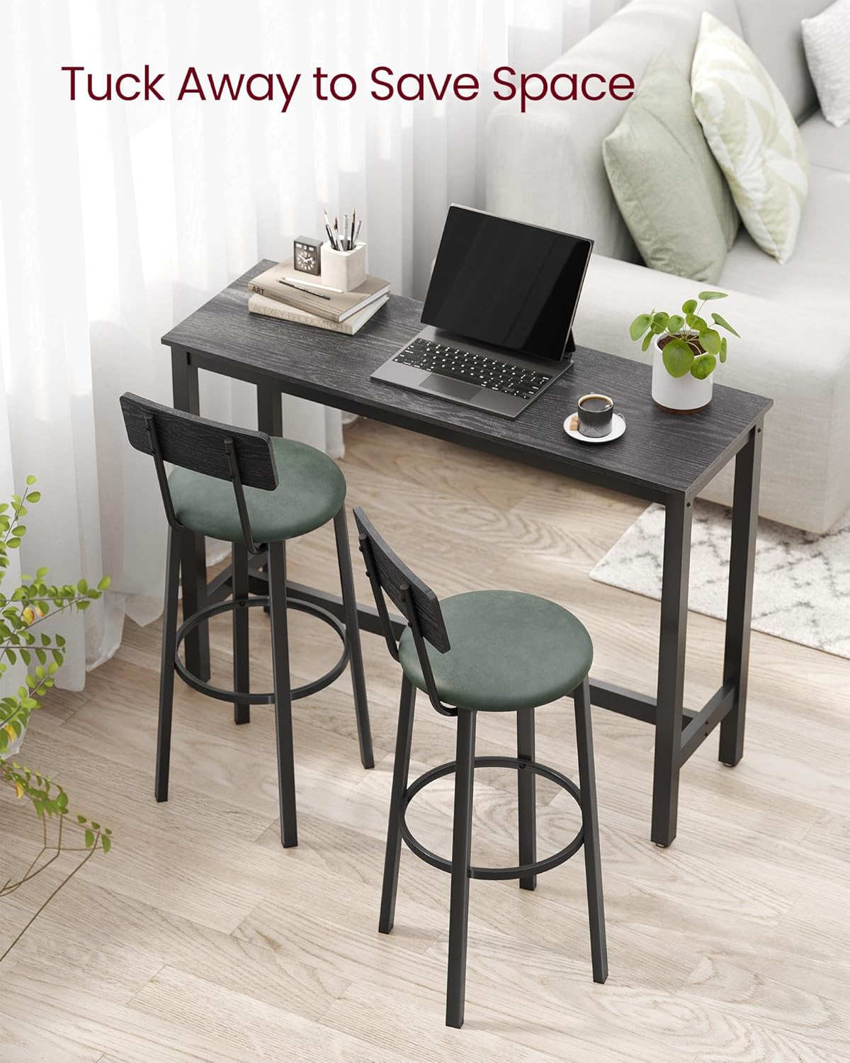 VASAGLE Bar Stools, Set of 2 PU Upholstered Breakfast Stools, 29.7-Inch Barstools with Back and Footrest, Simple Assembly, for Dining Room Kitchen Counter, Classic Black and Forest Green ULBC069C01