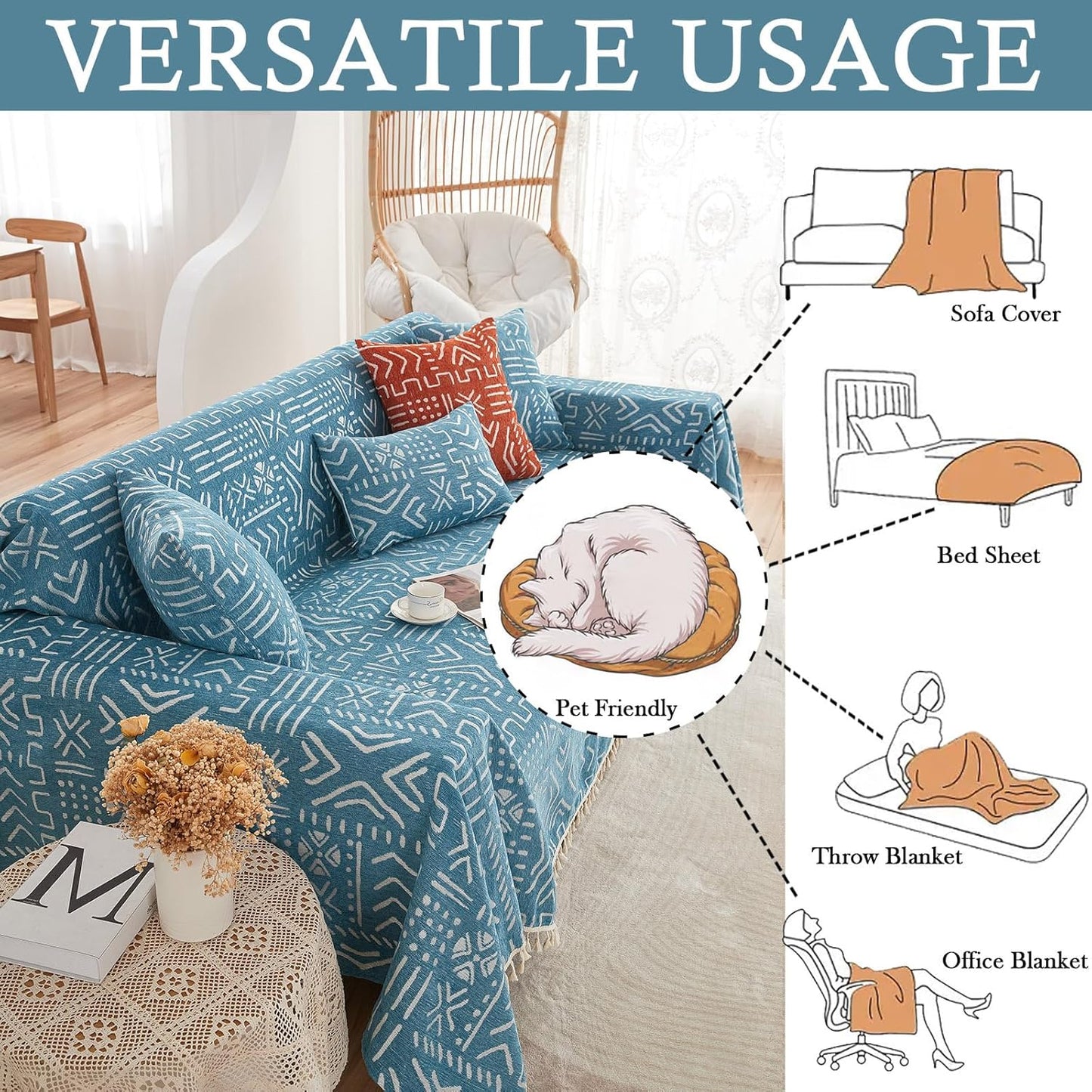 HANDONTIME Turquoise Couch Protector for Dogs Boho Tassel Blue Couch Cover Farmhouse Sofa Covers Aztec Tribal Couch Covers for 3 Cushion Couch Sofa Universal Sofa Slipcover for Home décor, 71" X150"