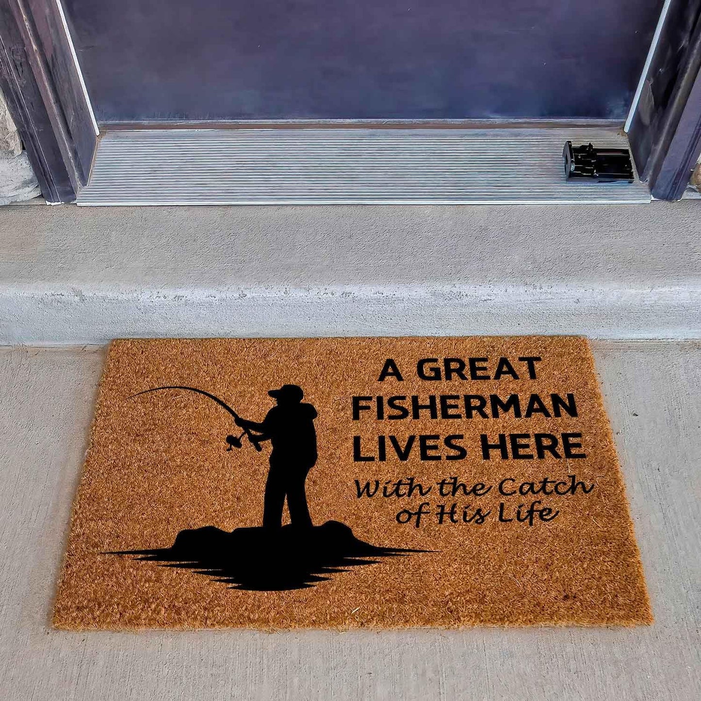 Funny Coir Doormat with A Great Fisherman Lives Here with The Catch of His Life - Front Door Mat, Entryway Welcome Mat, 23.7 x 15.7 inch