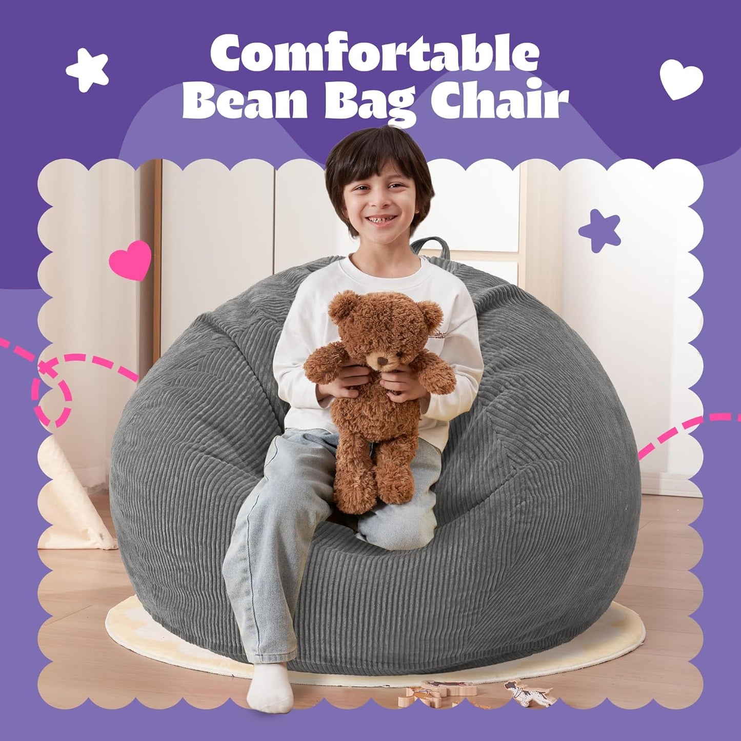 HABUTWAY 2 FT Bean Bag Chair,Giant Bean Bag Chairs,Big Bean Bags with Memory Foam Filled, Large Beanbag Chairs with Soft Corduroy Cover-Grey