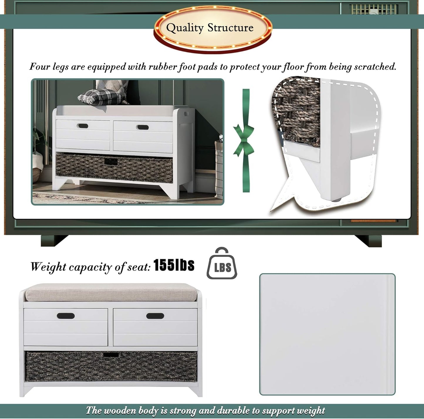 Merax White Classic Wood Entryway Bench with 2 Drawers, Large Rattan Basket and Removeable Seat Cushion for Hallway Front Door, Type 5