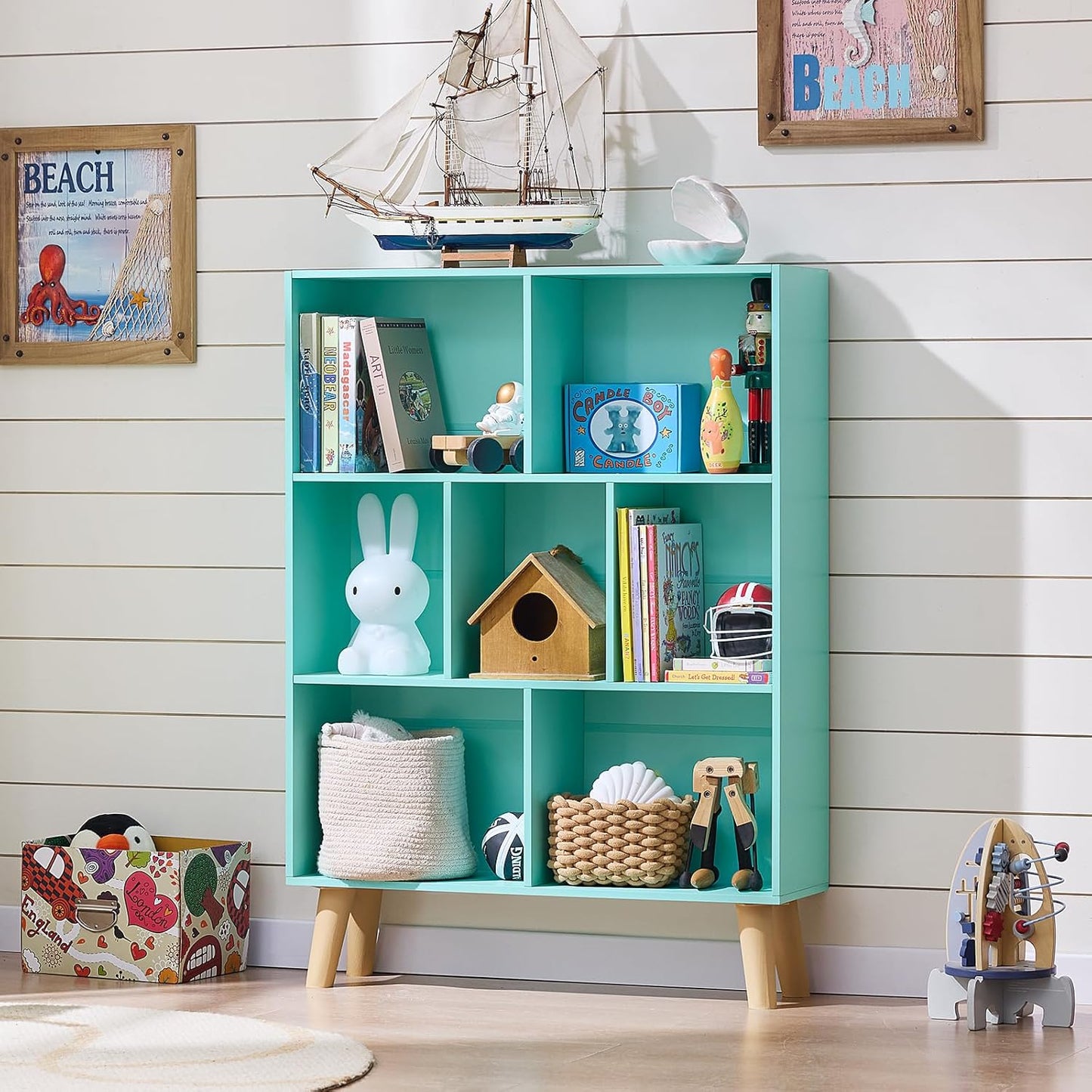 LEYAOYAO 7 Cube Bookshelf 3-Tier Bookcase with Legs, Mint-Green Kids Book Shelf Cute Storage Organizer, Toy Shelves Bookshelves,Wood Display Bookcases