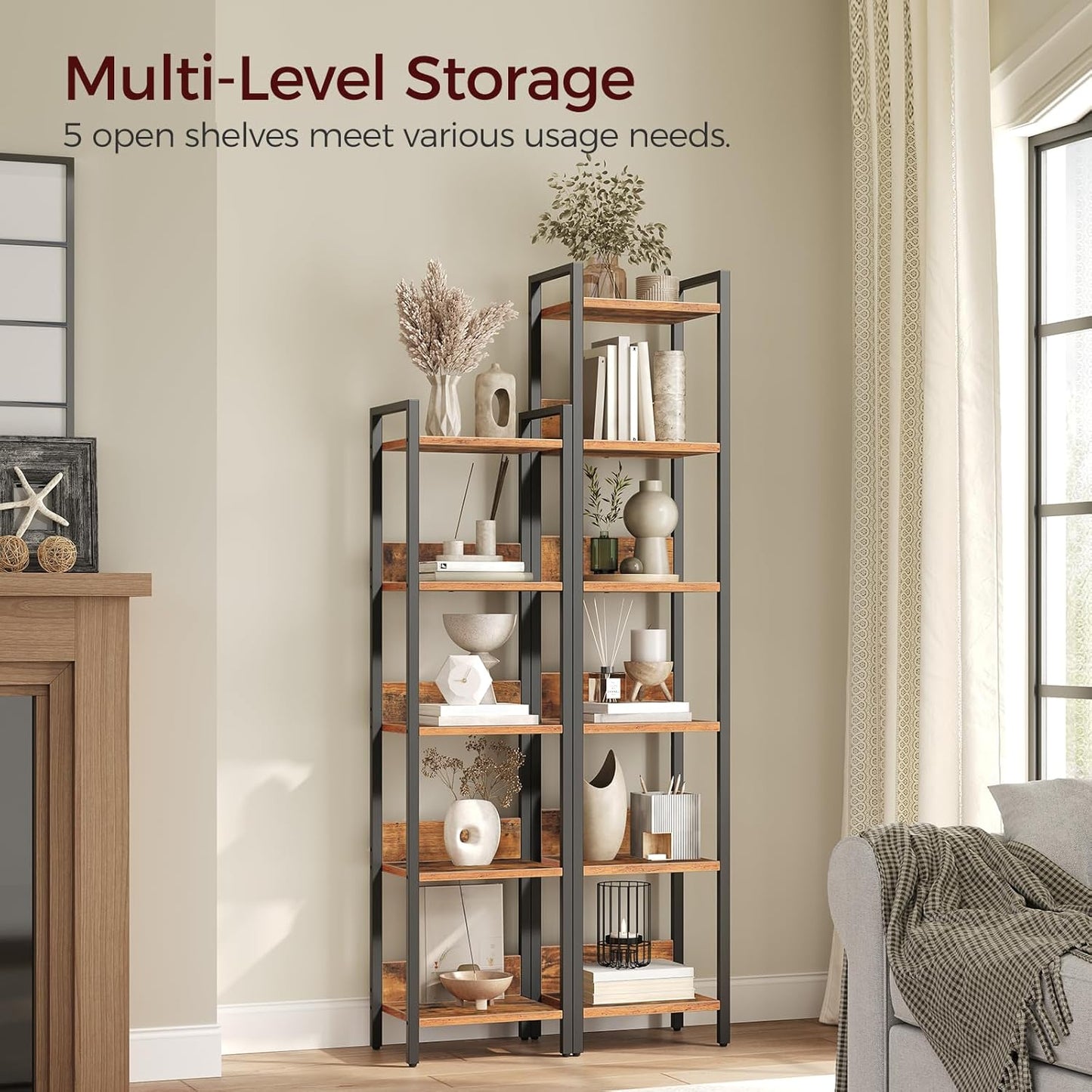 Bookshelf, 5-Tier Bookcase, Standing Book Shelf for Small Space, Storage Shelf Organizer, for Living Room, Bedroom, Study, Balcony, Rustic Brown and Black BKHR5501