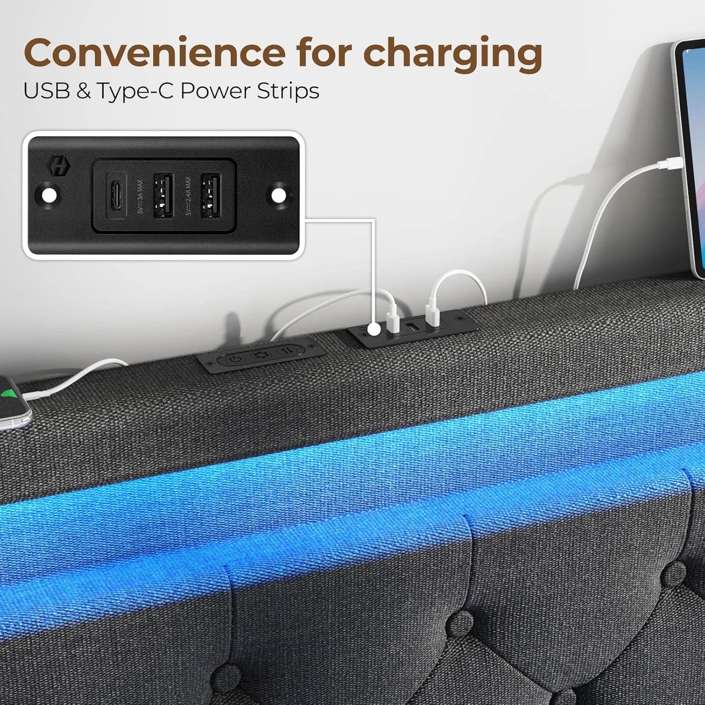 Rolanstar Full Size Bed Frame with 4 Storage Drawers and Charging Station, Full Bed with Led Lights, 2 USB & 1 Type C, Adjustable Headboard 38.9/40.9 Inches, No Box Spring Needed, Grey