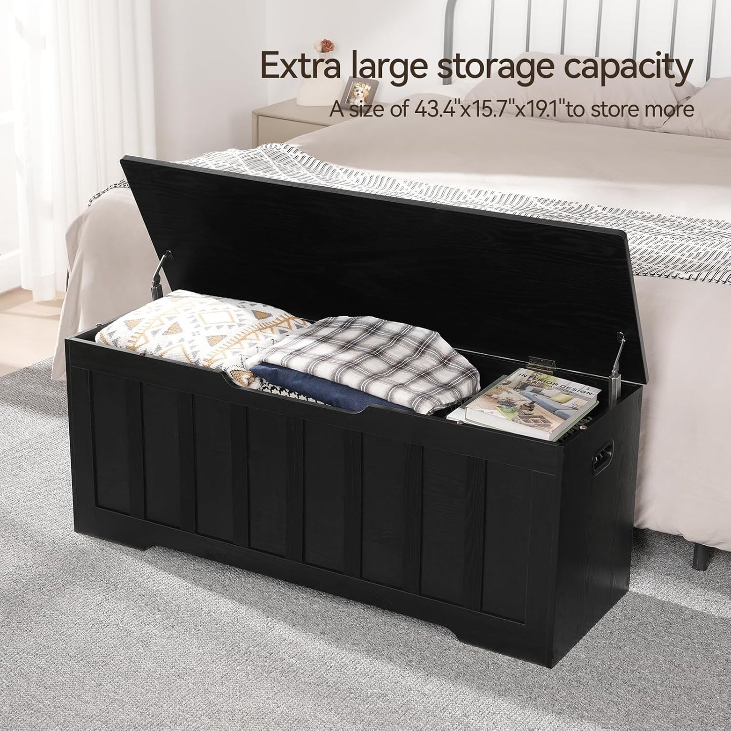 47.2" Storage Chest Extra Large,Storage Trunk with 2 Safety Hinges,Wooden Storage Bench,Shoe Bench,47.2x15.7x19.1 Inch,Easy Assembly,Storage Bench for Bedroom,Living Room,entryway(Black).
