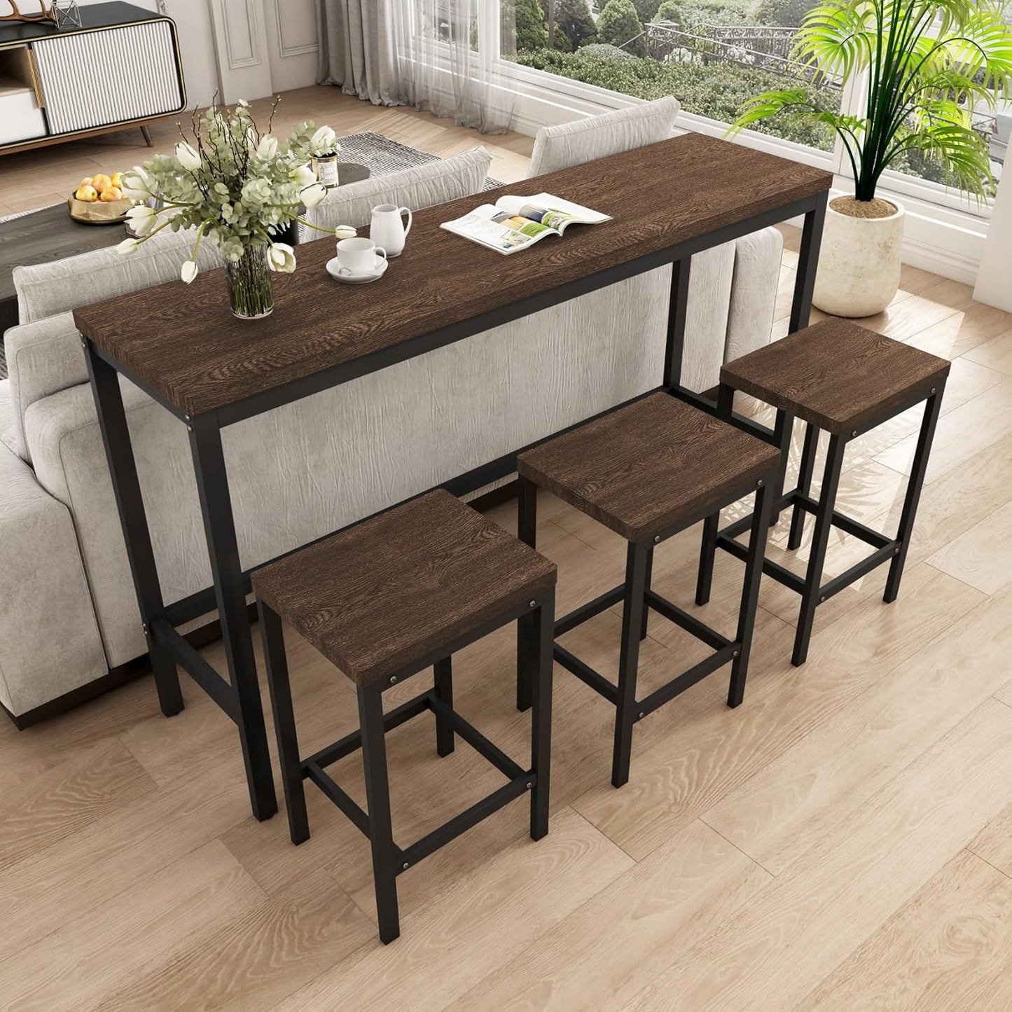 KEIKI 60.24” Long Bar High Top Dining Table and 3 Stools Chairs Set, Wood Behind Couch Sofa Counter Height Pub Furniture for Breakfast, Kitchen Living Party Room, Dark Brown