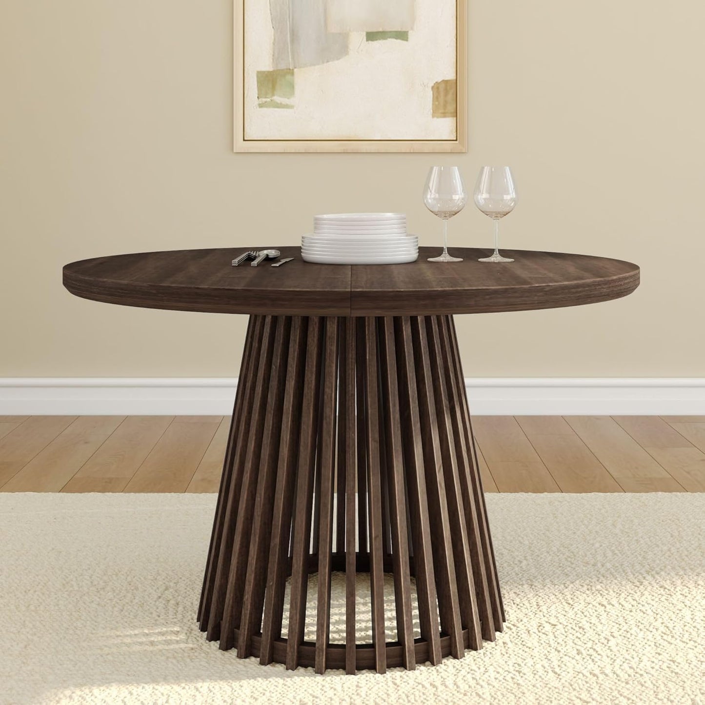 Plank+Beam Lido Round Dining Table, 47", Wooden, Pedestal, Minimalist Kitchen Table for 4 for Dining Room, Walnut
