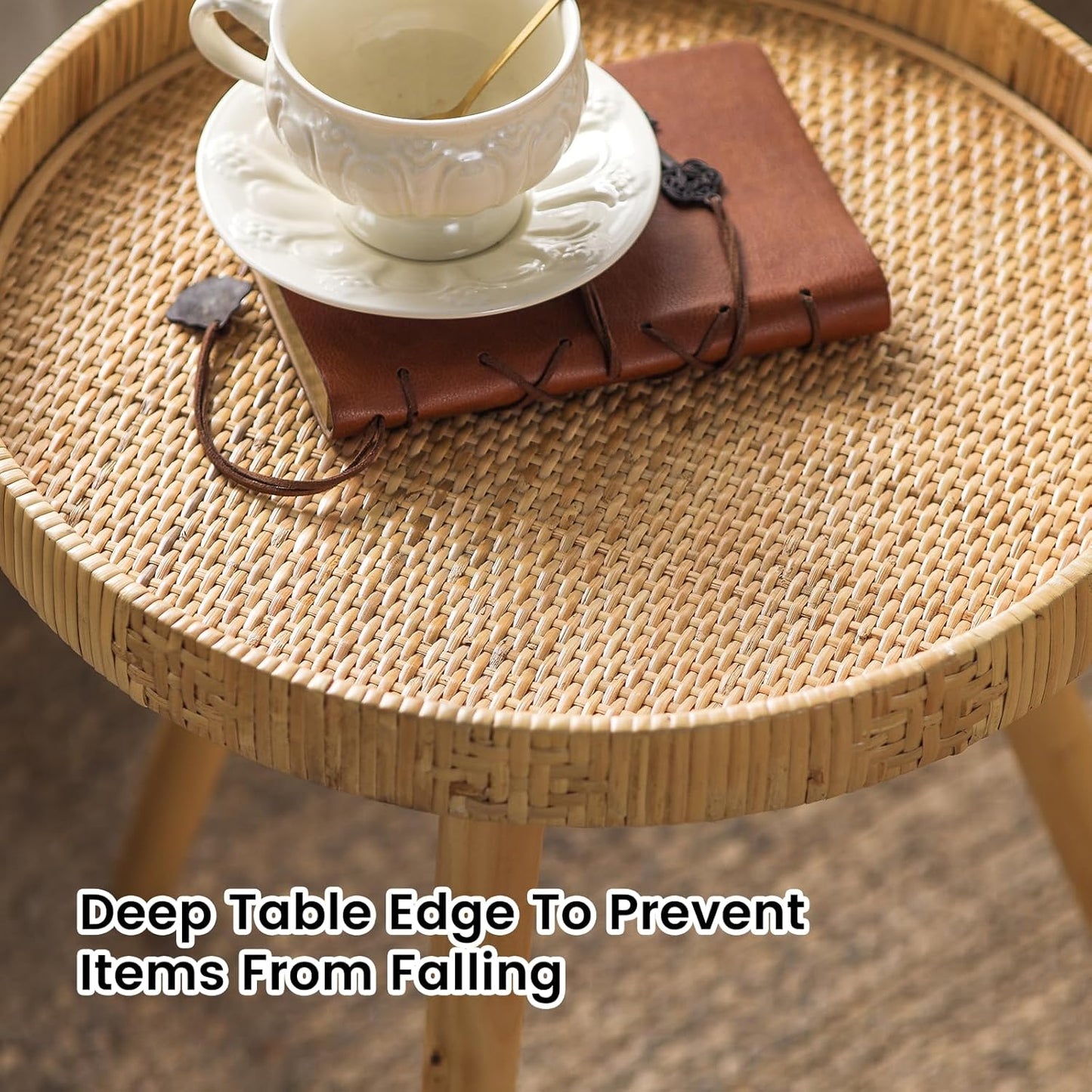 Round Rattan Side Table for Small Spaces, Boho Circle End Table Coffee Table with Solid Wood Leg for Living Room, Bedroom, Corners