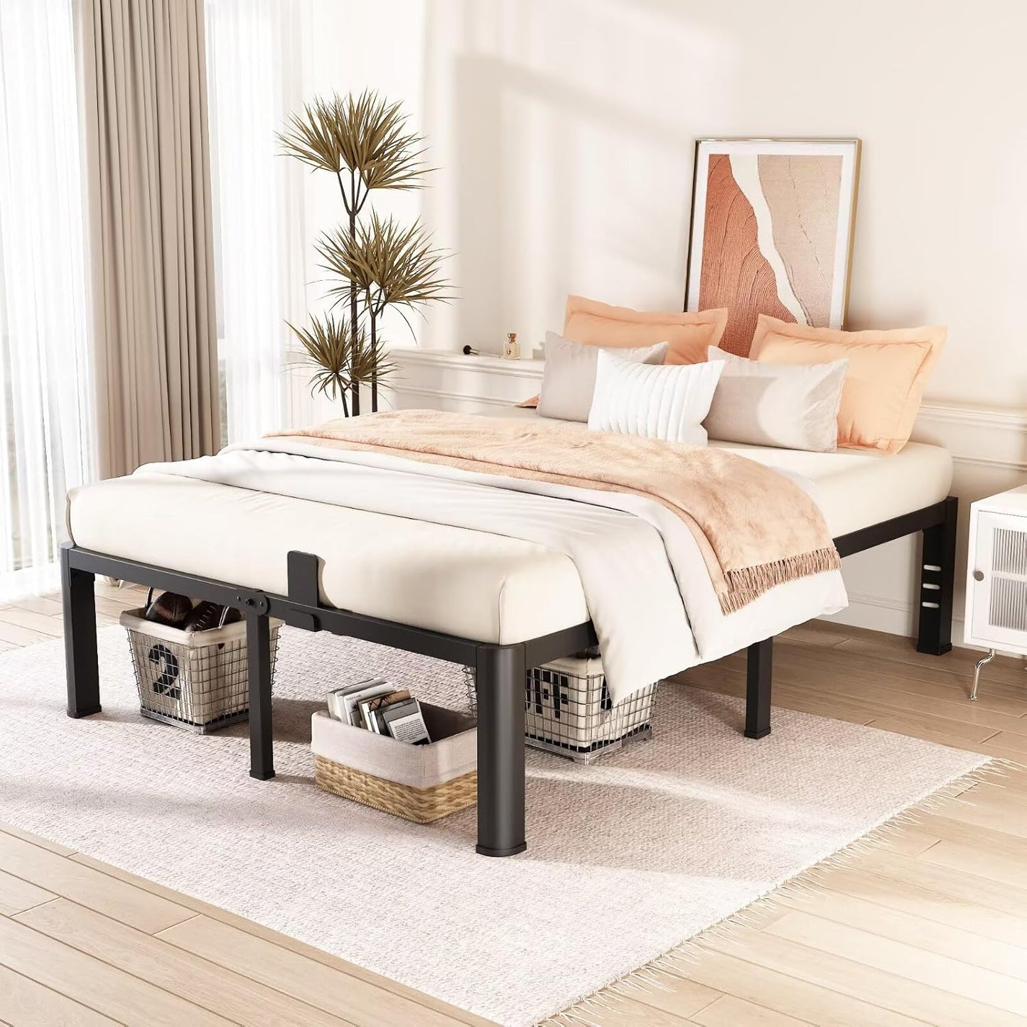 FUIOBYVV 16 Inch King Bed Frame with Rounded Corner and Headboard Hole Mattress Retainers 3500 LBS Metal Heavy Duty Steel Slats Support No Box Spring Needed Platform Noise Free Easy Assembly