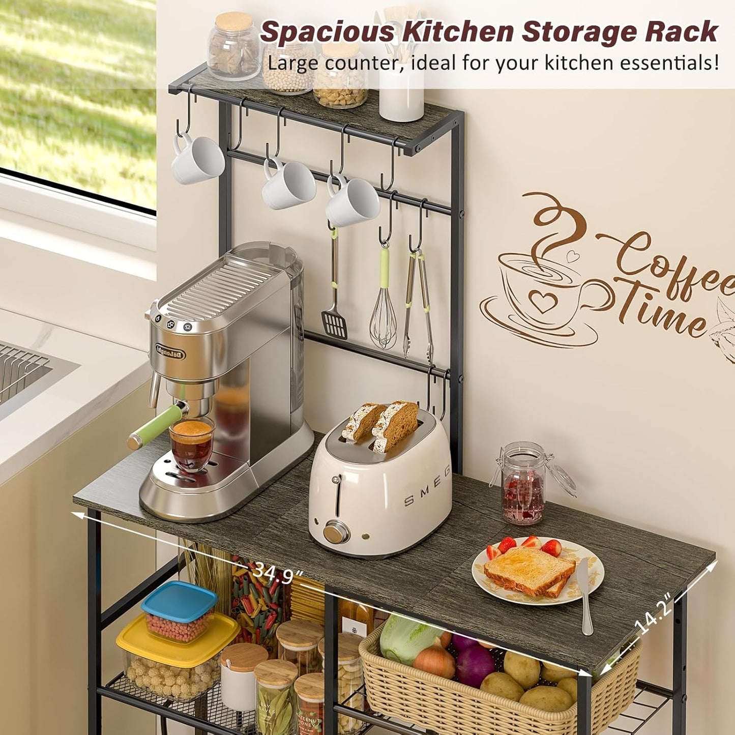 Bakers Rack with Power Outlet, Kitchen Microwave Stand with 10 S-shaped Hooks, 6-Tier Coffee Bar Station, Kitchen Storage Shelf Rack for Spices, Pots, Gray
