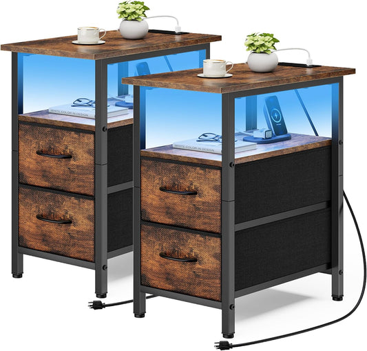 Vagusicc Set of 2 Nightstand with Charging Station and LED Lights, Narrow Side Table, LED Night Stand with 2 Fabric Drawers, Bedside Table Small End Table, Tall Nightstand for Bedroom, Rustic Brown