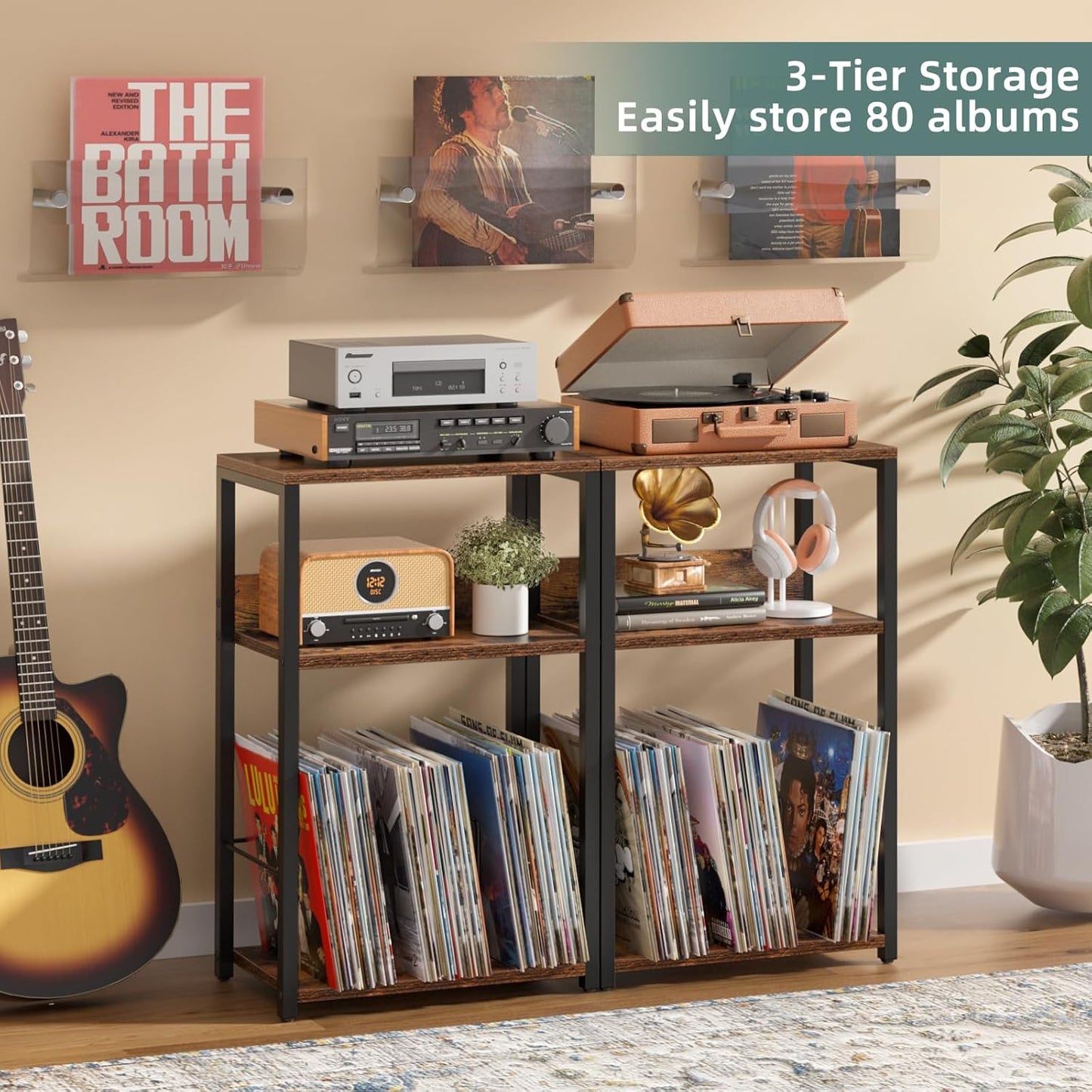 LELELINKY Record Player Stand Set of 2, 3-Tier End Side Table with Vinyl Record Storage, Vinyl Record Holder Up to 120 Albums, Turntable Stand with Vinyls Storage for Music Living Room