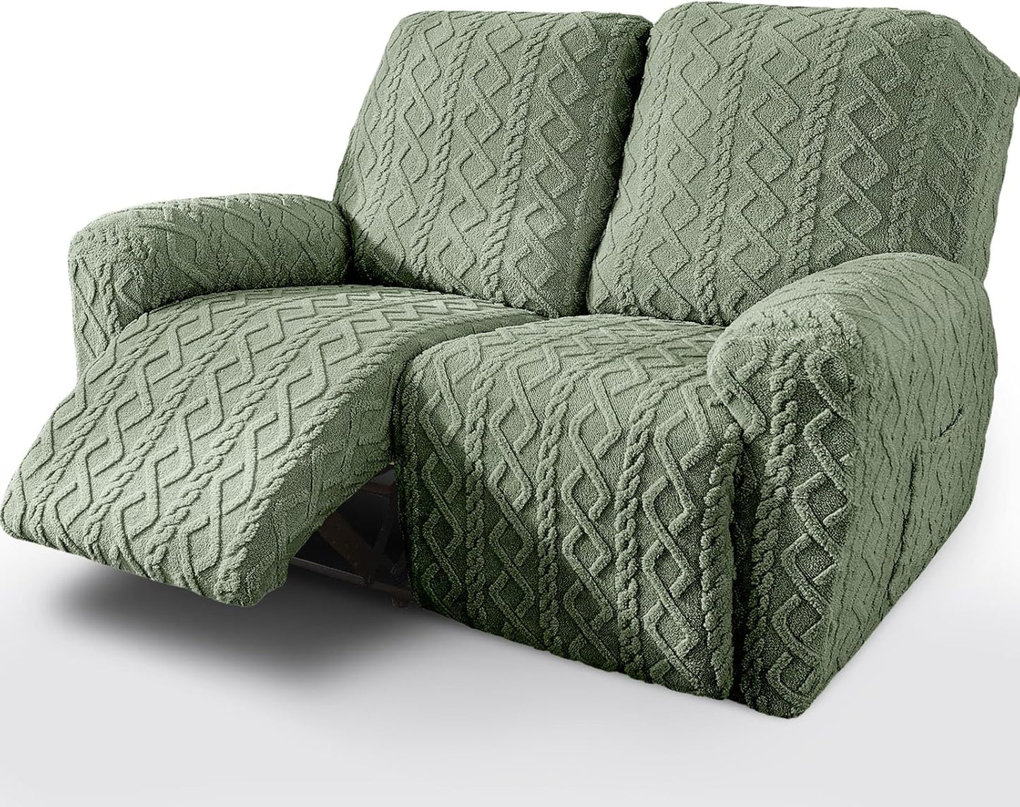 vctops 6 Pieces Geometric Jacquard Plush Recliner Loveseat Slipcovers Soft Fuzzy Fluffy Sofa Couch Cover Anti-Slip Furniture Protector with Elastic Bottom for Kids Cats Dogs(Green,2 Seat)