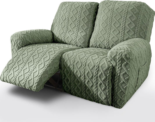 vctops 6 Pieces Geometric Jacquard Plush Recliner Loveseat Slipcovers Soft Fuzzy Fluffy Sofa Couch Cover Anti-Slip Furniture Protector with Elastic Bottom for Kids Cats Dogs(Green,2 Seat)