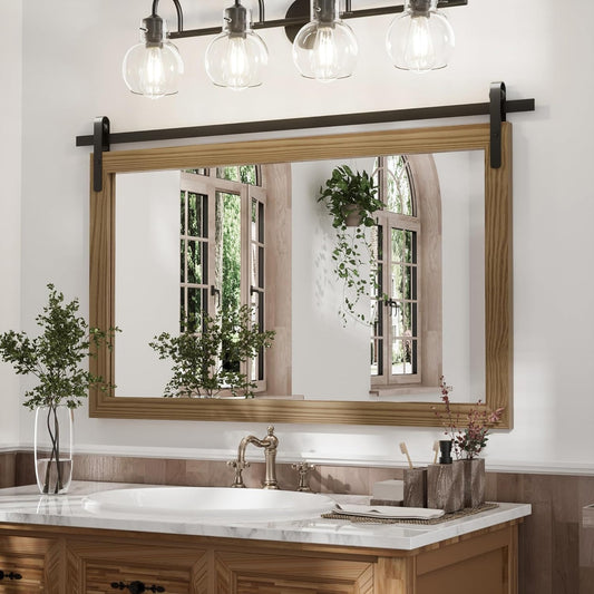 Brown Farmhouse Mirror for Wall, 40x26INCH Large Wood Framed Square Bathroom Mirrors for Vanity, Barn Door Style Mirrors Wall Mounted Dresser Decor Mirror Living Room Bedroom Horizontal