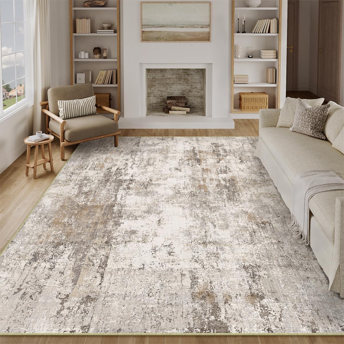 8x10 Washable Area Rug Brown Grey Neutral Abstract Living Room Bedroom Large Throw Rug Non Slip Soft Low Pile Indoor Floor Carpet for Dining Room Kitchen Office Entryway