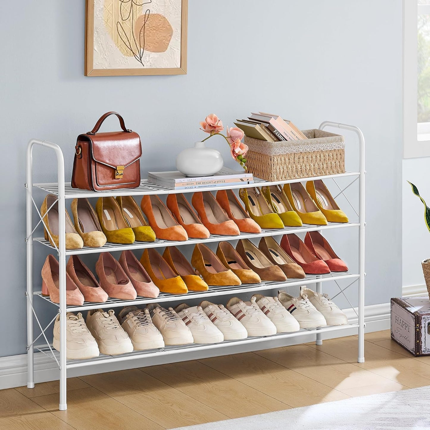 Hoctieon 4 Tier Mesh Style Shoe Rack, Entryway Shoe Shelf, Shoe Storage Organizer, Shoe Rack for Closet, Space Save for Bathroom, Garage, Hallway, Bedroom, Living Room, White