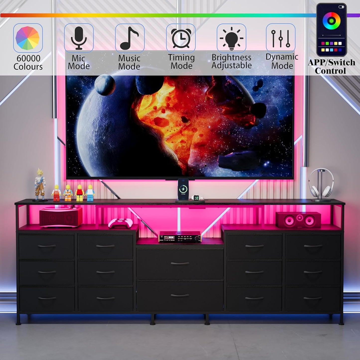 70.9" W Large TV Stand for 65/75/80 inchs TVs,14 Drawer Long Dresser with Charging Station and LED Lights,Entertainment Center with Storage for Living Room (Black, 70.9" W)