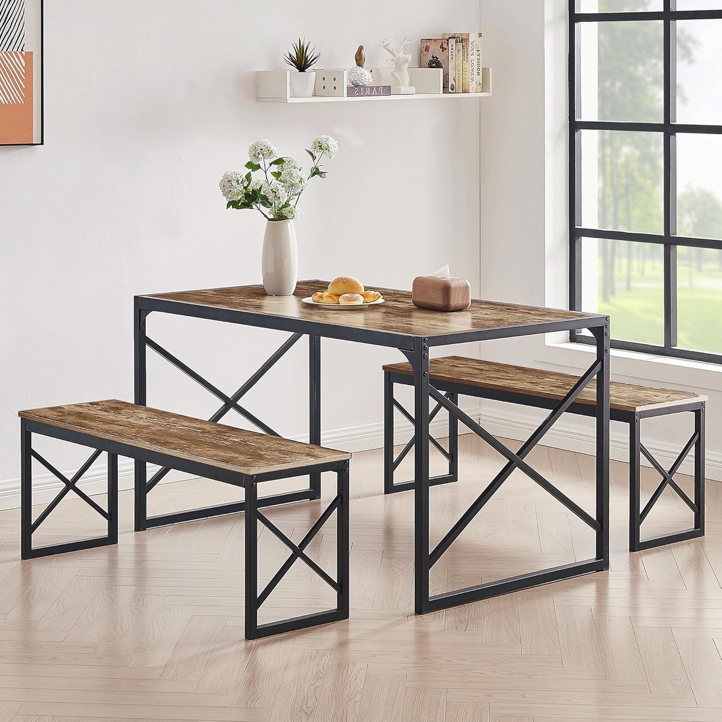 VECELO Kitchen Dining Table Set for 4 to 6, 55" Wood Dinette 2 Benches with Metal Frame for Dinner Breakfast Nook and Small Space, Brown