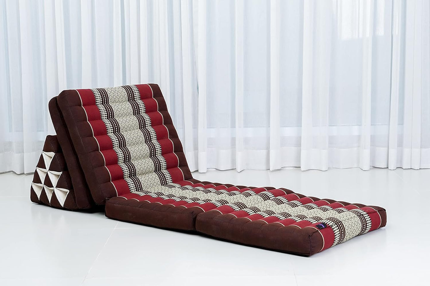 Leewadee Comfortable Japanese Floor Mattress - Thai Floor Bed with Triangle Cushion - Futon Mattress - XL Extra Long Thai Massage Mat, 89 x 20 inches, Brown Red, Kapok Filling
