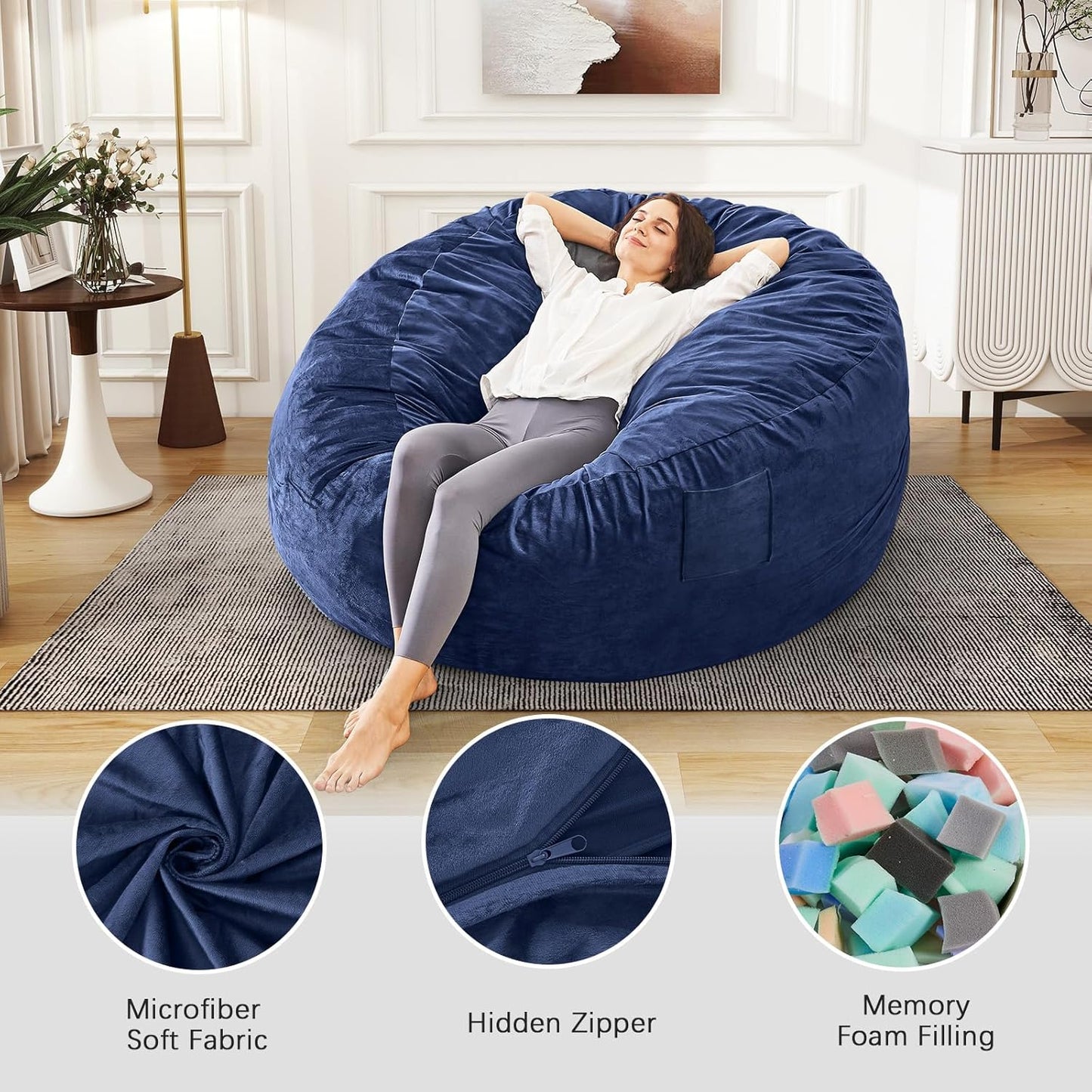 Bean Bag Chairs for Teens - Bean Bag Chair Convertible Bean Bag Bed - Small Beanbag Chair with Micro Fiber Cover/Furniture Foam Filler - Floor Couch Sofa in Bedroom Dorm Room - Youth Navy Blue