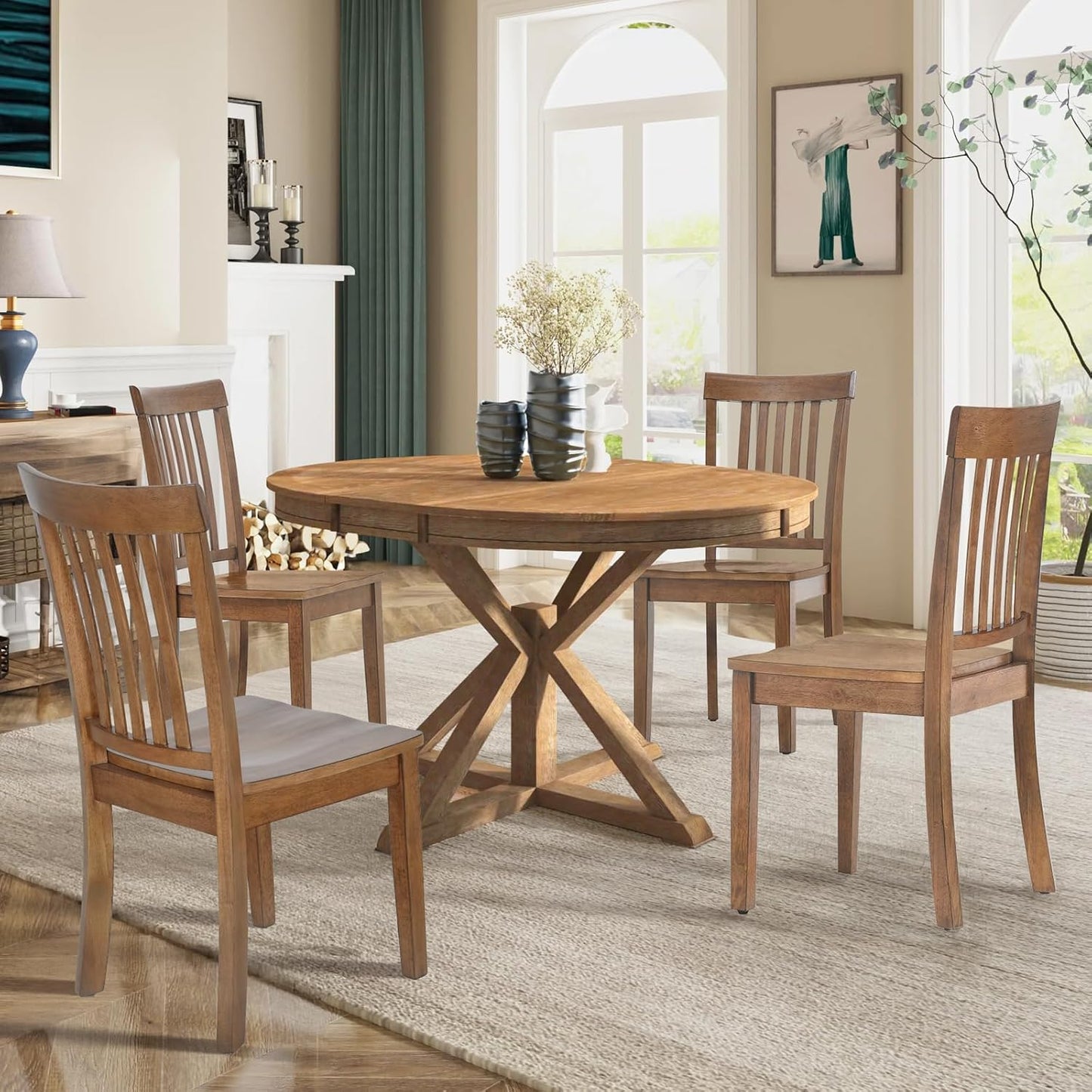 COLAMY Wooden Dining Chairs Set of 4, Spindle High Back Windsor Kitchen Side Chair, Farmhouse Dining Chairs for Kitchen and Dining Room, Light Brown