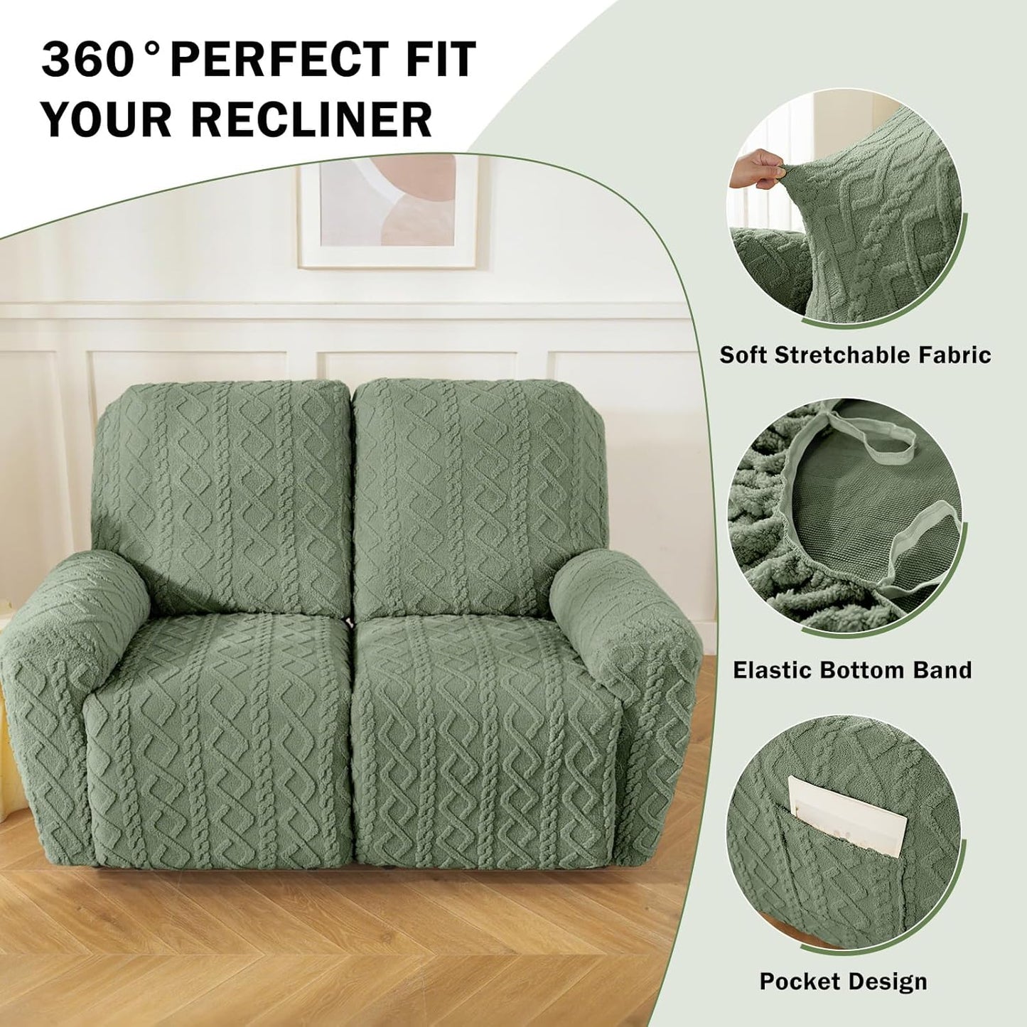vctops 6 Pieces Geometric Jacquard Plush Recliner Loveseat Slipcovers Soft Fuzzy Fluffy Sofa Couch Cover Anti-Slip Furniture Protector with Elastic Bottom for Kids Cats Dogs(Green,2 Seat)