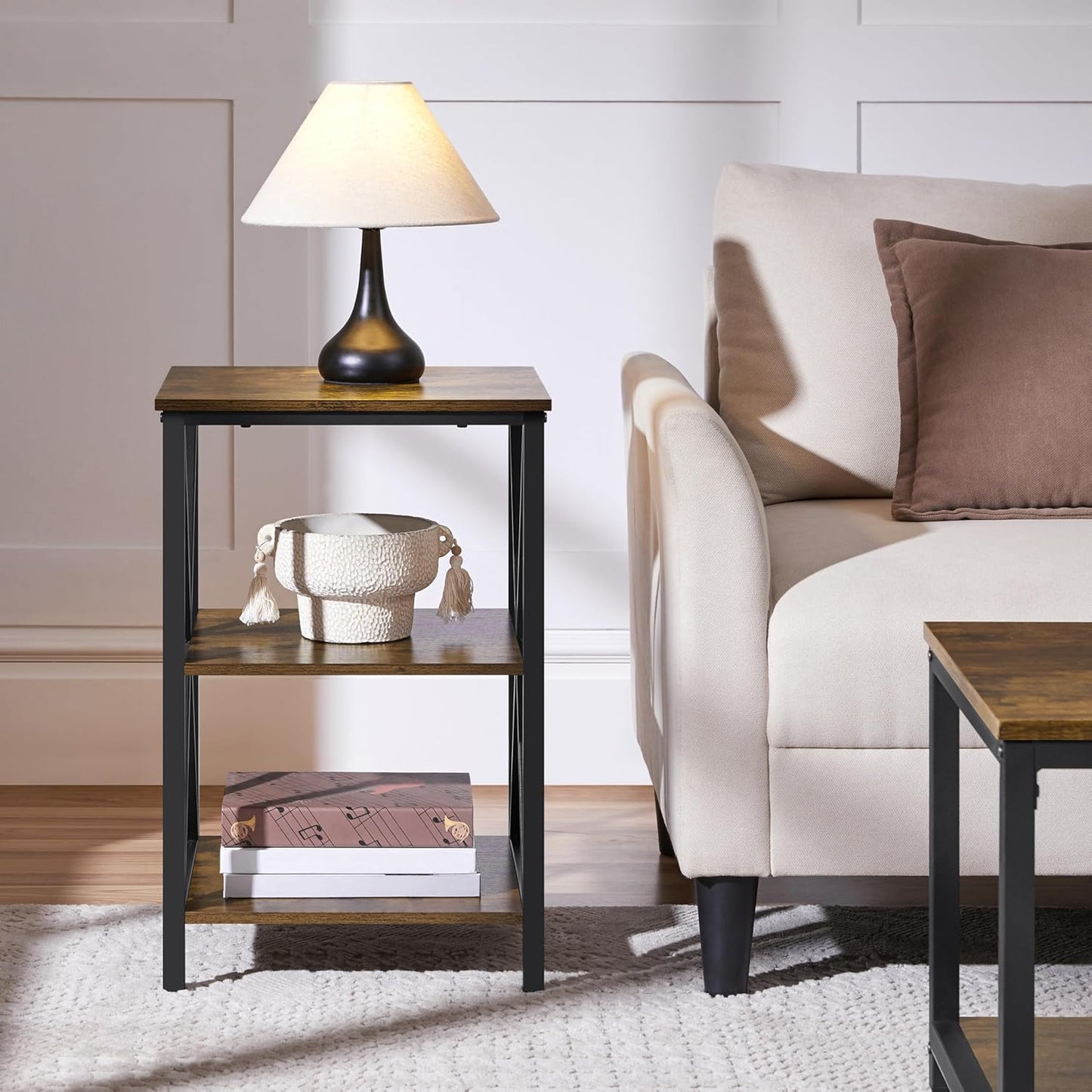 Yaheetech Industrial End Tables Set of 2, 3-Tier Side Tables with Storage Shelves for Living Room, X Design, Strong Metal Frame, Easy Assembly, 16x16x24.5 in, Rustic Brown