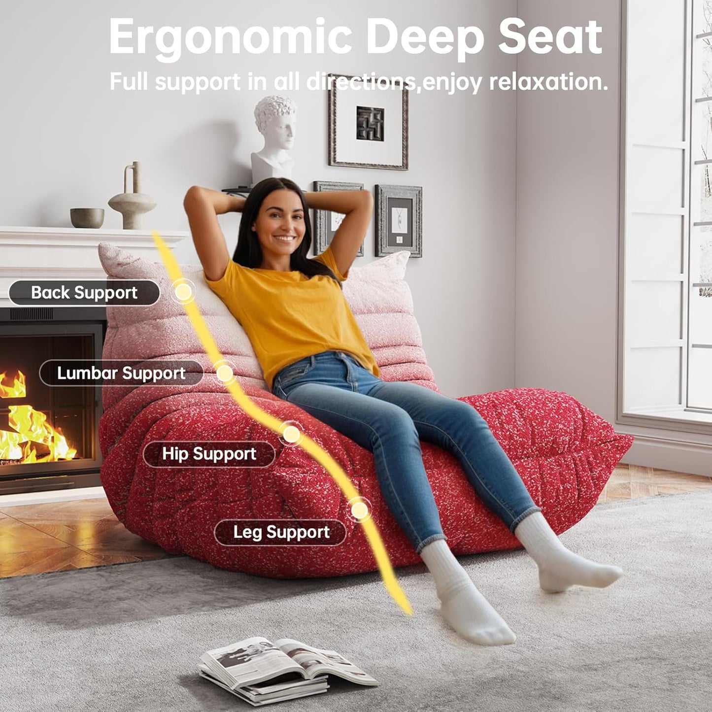 Bean Bag Chairs for Adults, BeanBag Reading Chair Memory Foam Couch, Floor Chair Soft Teddy Material, Comfy Reading Nook Chairs for Bedroom Living Room Office (Pink White)