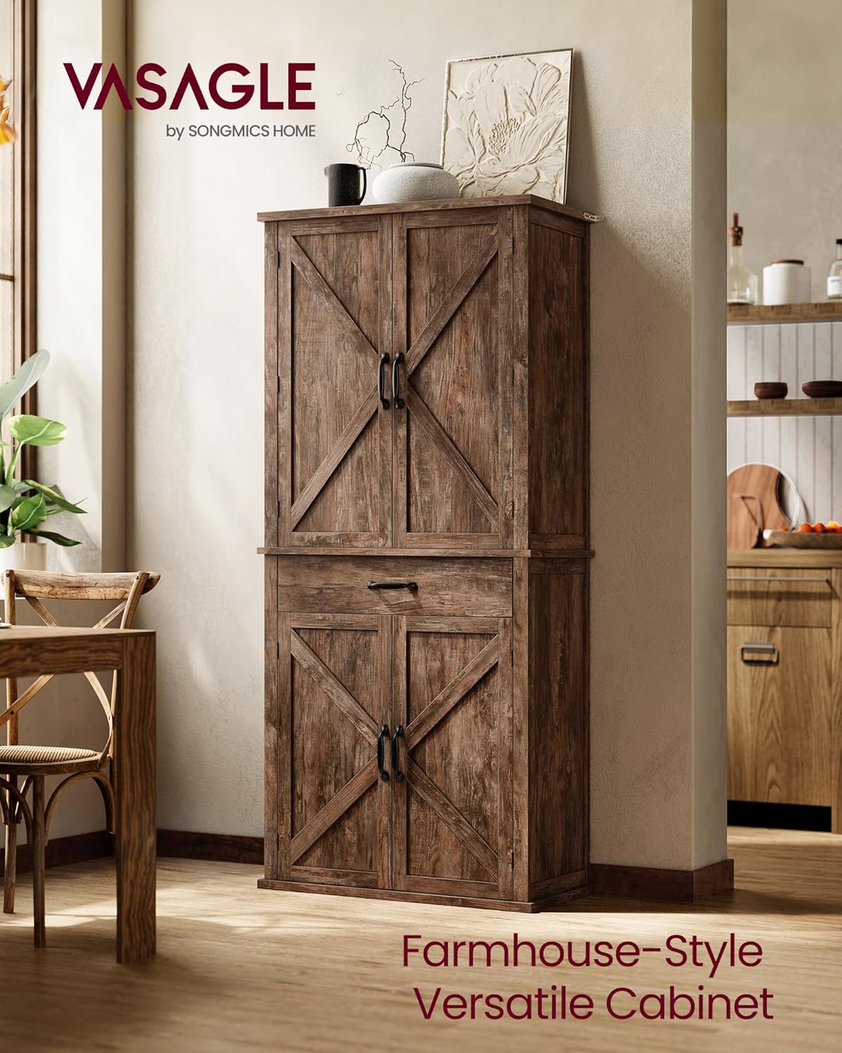 VASAGLE LIRY Collection - Pantry Cabinet, 70.3-Inch Tall Farmhouse Kitchen Storage Cabinet with Barn Doors, Drawer, Tray, Adjustable Shelves, for Kitchen, Dining Room, Hazelnut Brown UBBK364K01