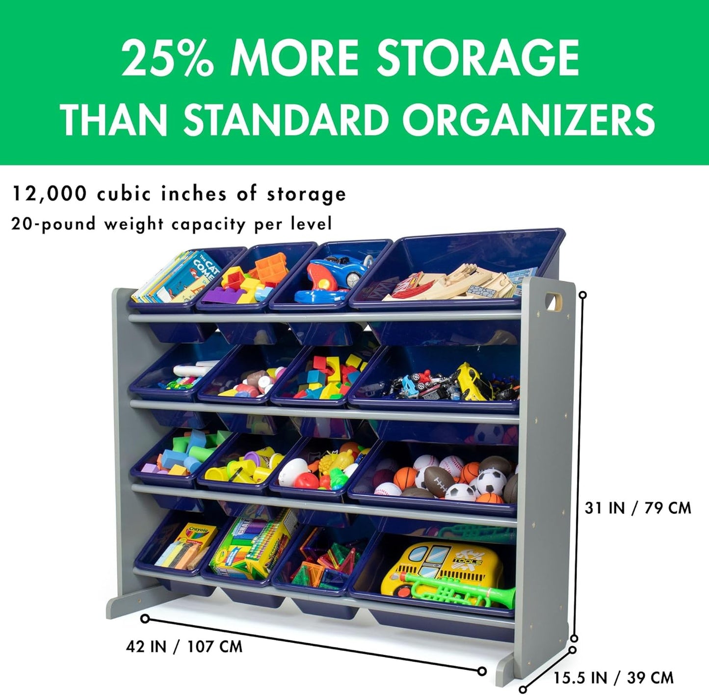 Humble Crew Supersized Toy Storage Organizer with 16 Removable Bins, Grey/Navy – Large Toy Storage for Toddlers Ideal for Kids' Rooms, Playrooms, and Nurseries - Modern Toy Bins for Kids