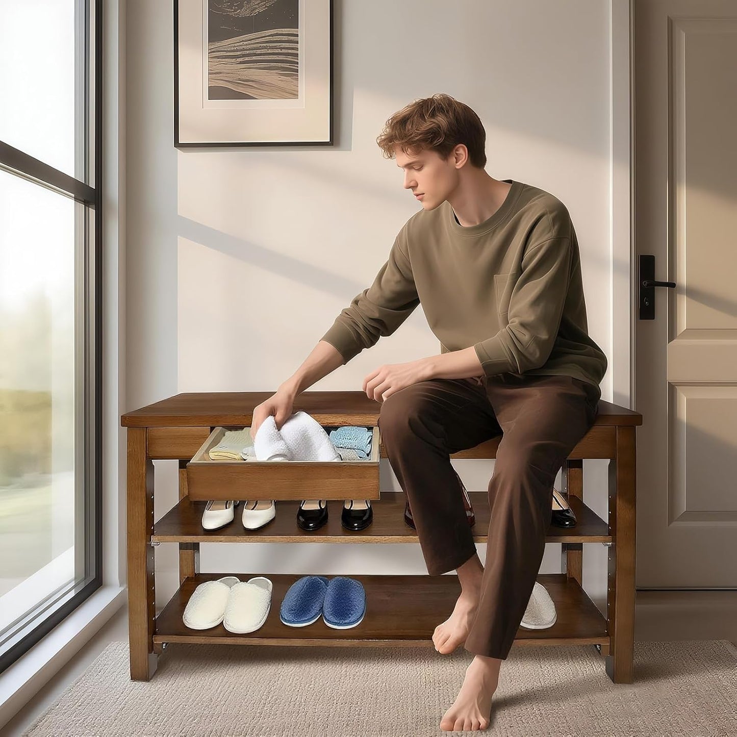Wood Shoe Bench Entryway with Drawer: 2-Tiers Wooden Storage Shoe Rack with Bench Seat, Compact Mid-Century Modern Design for Entryway, Hallway,Closet,Front Door Entrance,Foyer Walnut 39.3"