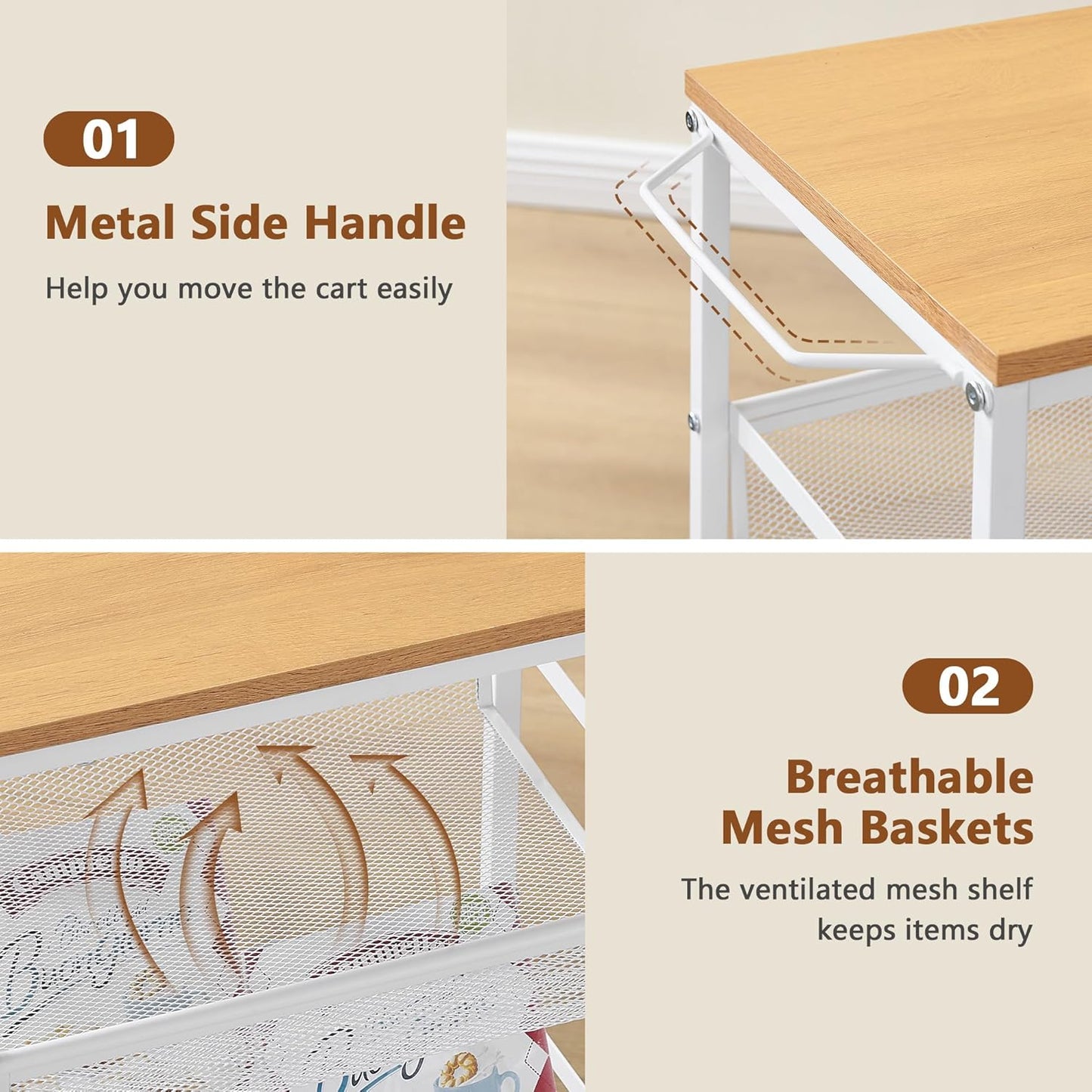 Hoctieon Rolling Storage Cart, 4-Tier Wide Panel Rolling Kitchen Storage Cart, Utility Cart with Handle & Wheels, Mobile Shelving Unit, Metal Frame Narrow Cart for Home Kitchen, Laundry, Oak Beige