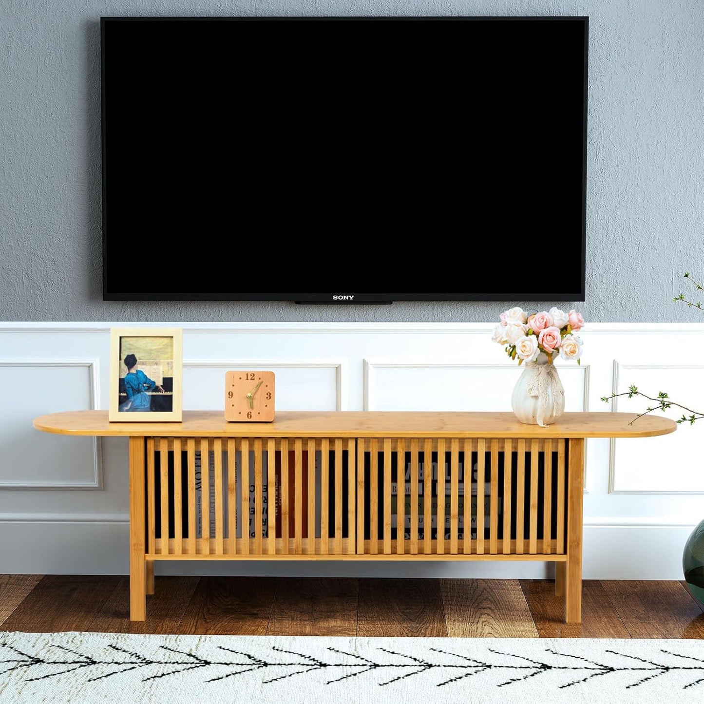 HollyHOME Bamboo TV Stand with Storage for TVs up to 65", Modern Entertainment Center with Fence Door, Accent TV Table with 2 Shelf, Media Console TV Stand for Living Room, Bedroom, Burlywood