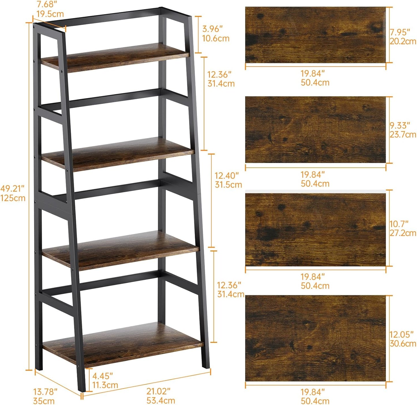 HITNET Ladder Shelf, 4 Tier Bookshelf with Bamboo Frame, Freestanding Bathroom Storage Shelving Unit for Living Room, Home Office, Bedroom, Rustic Brown and Black
