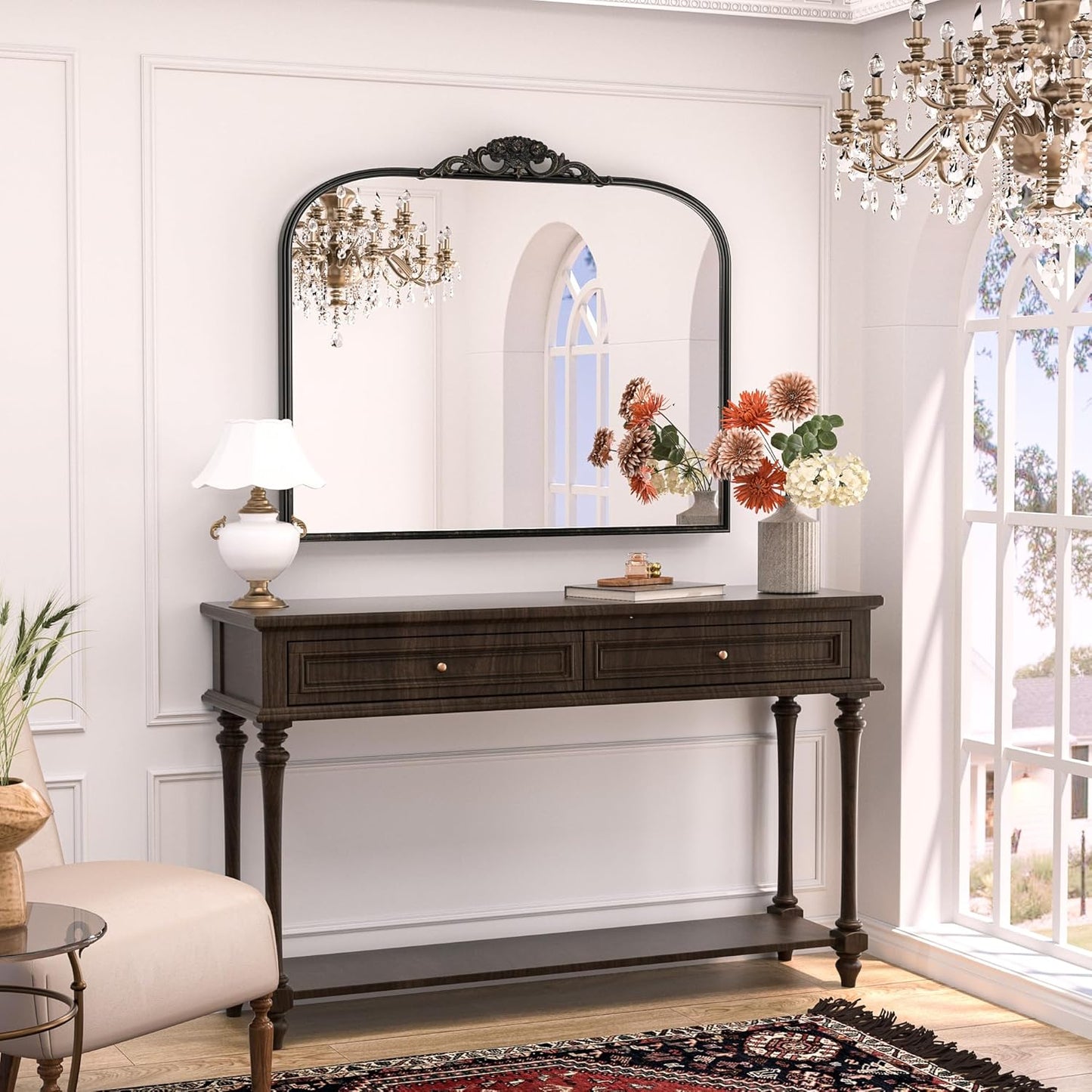 Keonjinn Vintage Mirror 40" x 30", Large Black Antique Mirror with Metal Frame, Ornate Arched Mirrors for Wall, Baroque Decoration for Mantle, Bathroom, Living Room, French Cleat Mounting