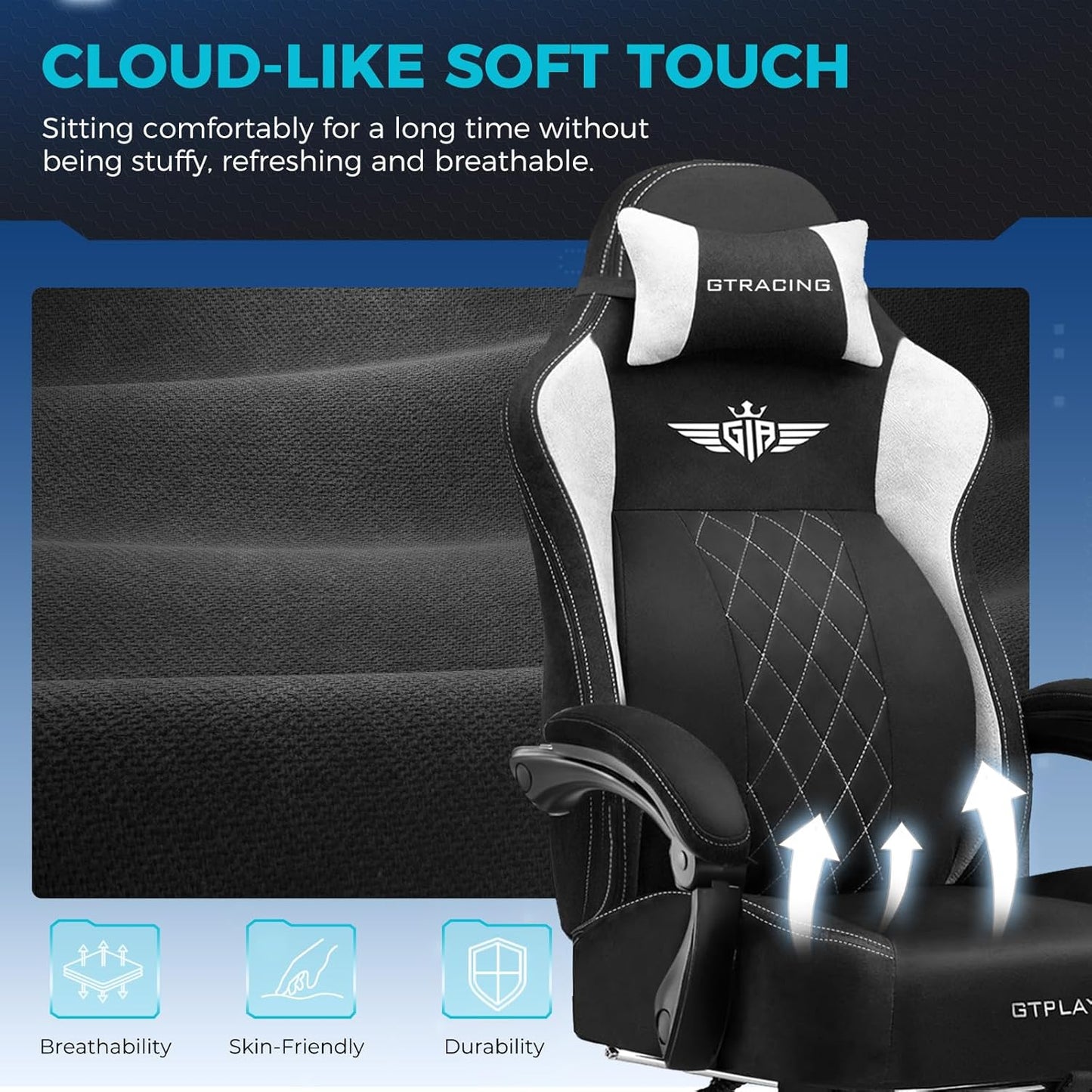 GTPLAYER Big and Tall Gaming Chair Breathable Fabric Computer Chair with Strong Lumbar Support, Comfortable Office Chairs with Pocket Spring Cushion, High Back Ergonomic Desk Chairs with Footrest