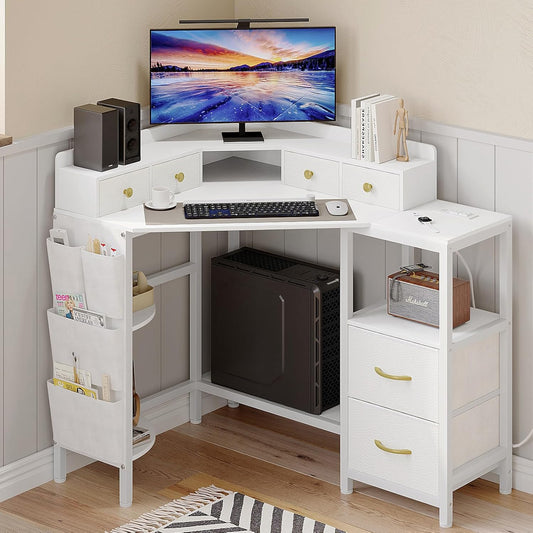 Corner Desk with 6 Drawers Shelves for Small Space Computer Desk with Power Outlets,Gaming Desk with Printer Monitor Stand Storage for Home Office Workstation Writing Table (White, 31.5)