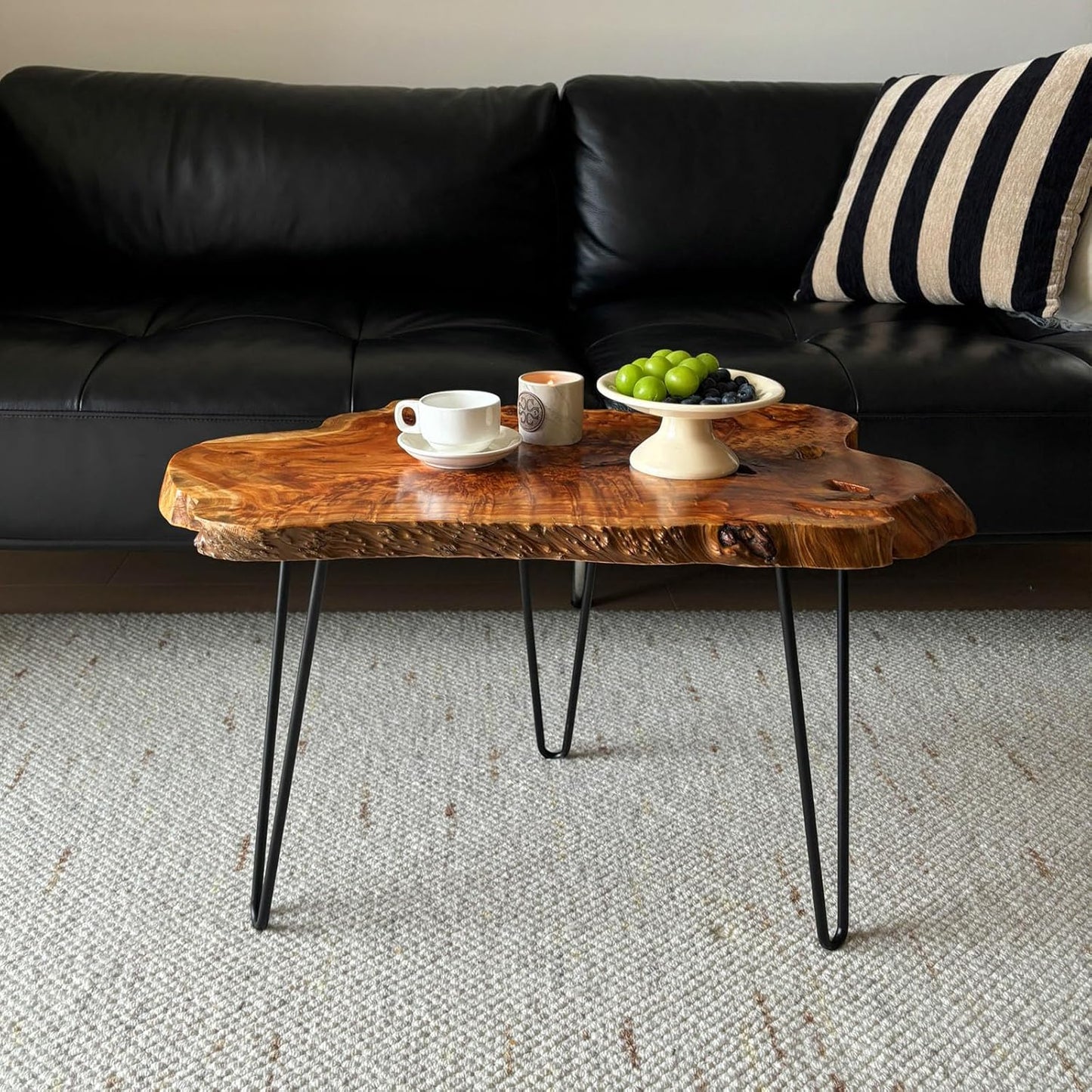 Live Edge Coffee Table, Natural Wood Coffee Table for Living Room, Natural Fir Unique Desktop with Metal Hairpin Legs (Plus Size)