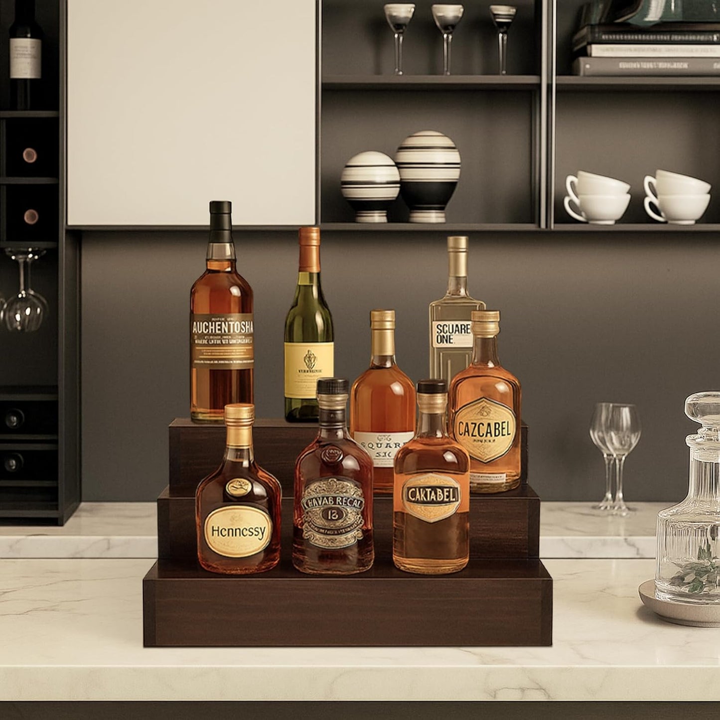 Royxen Wood Liquor Bottle Shelf 3 Tier Bar Shelf Freestanding Vintage Liquor Bar Stand for Home Bar Decor (Brown, 16 Inch Wide)