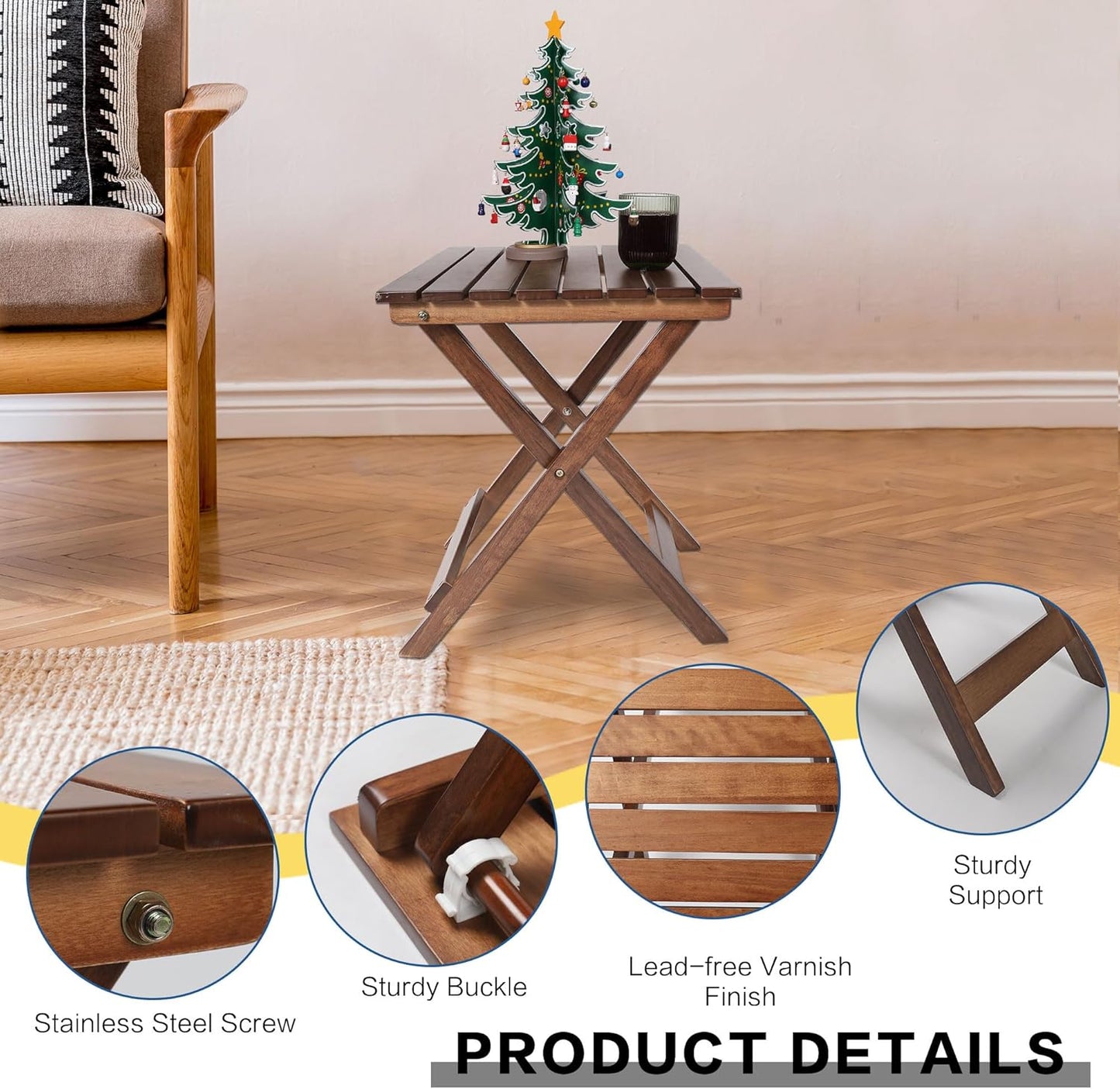 Outdoor Patio Side Table Small Wood End Square Table Folding Coffee Furniture for Living Room, Bedroom, Plant Stand, Camping Portable Brown