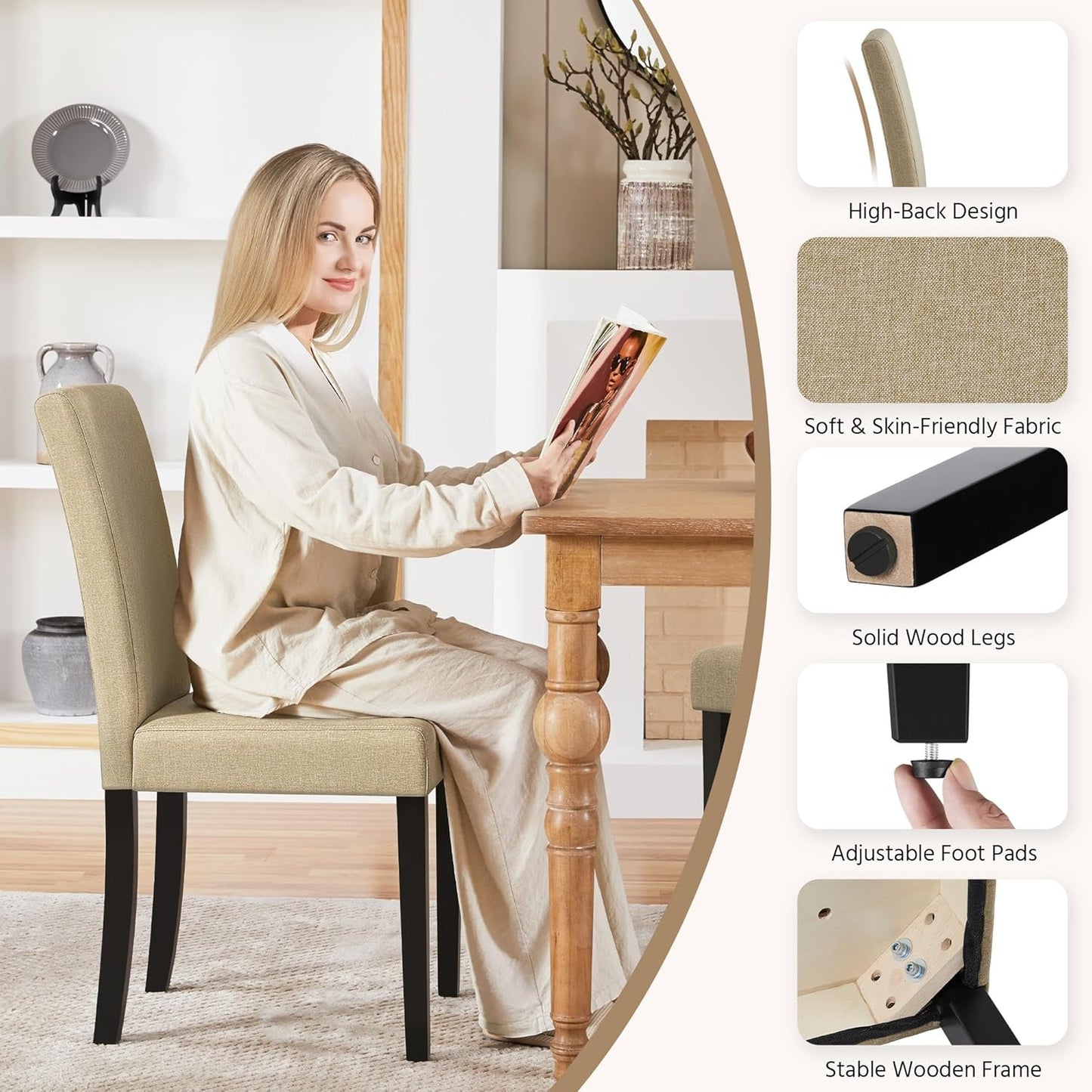 Yaheetech Dining Chairs Set of 6 Fabric Upholstered Parson Kitchen Chairs with Padded Seat and Solid Wood Legs for Dining Room/Restaurant, Khaki